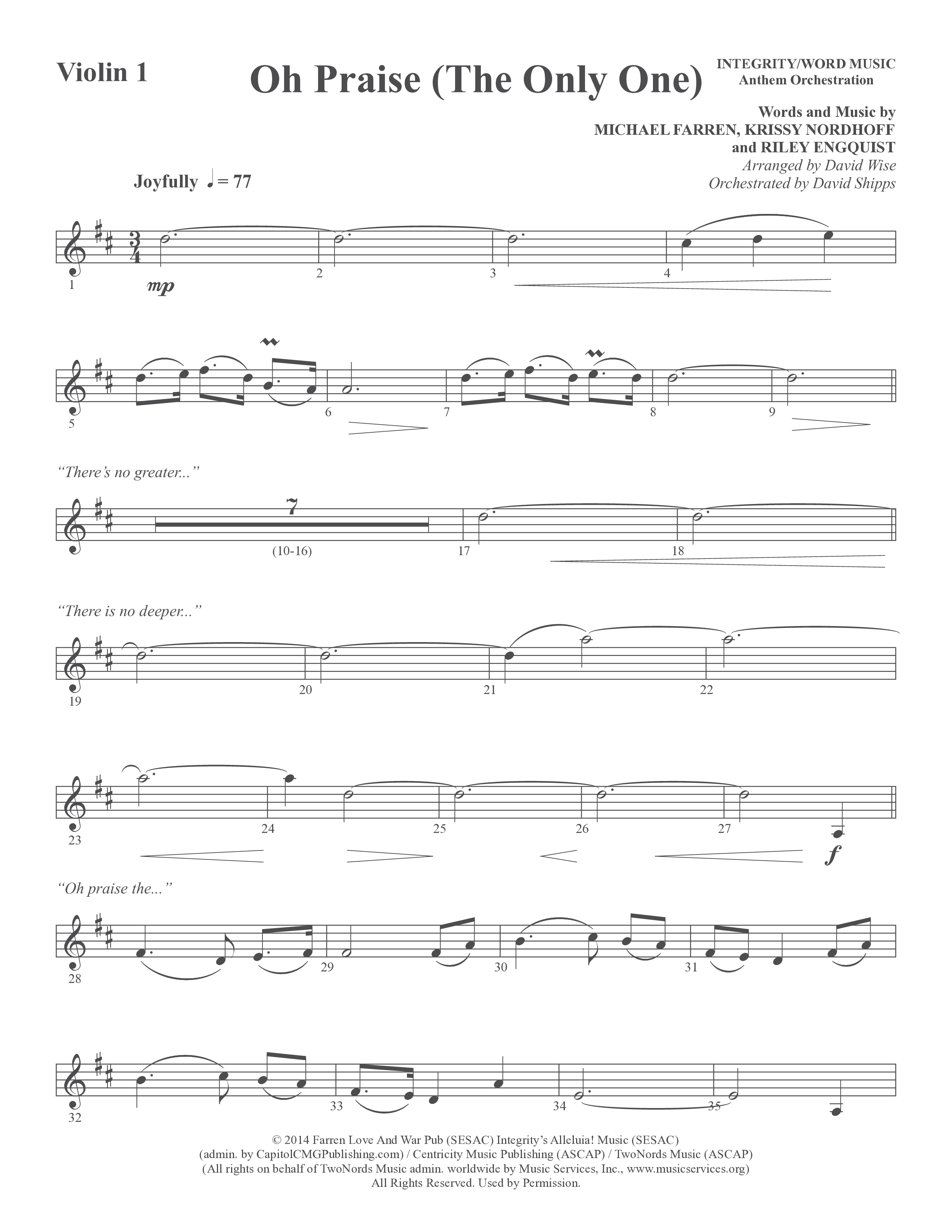Oh Praise (The Only One) (Choral Anthem SATB) Violin 1/2 (Word Music Choral / Arr. David Wise)