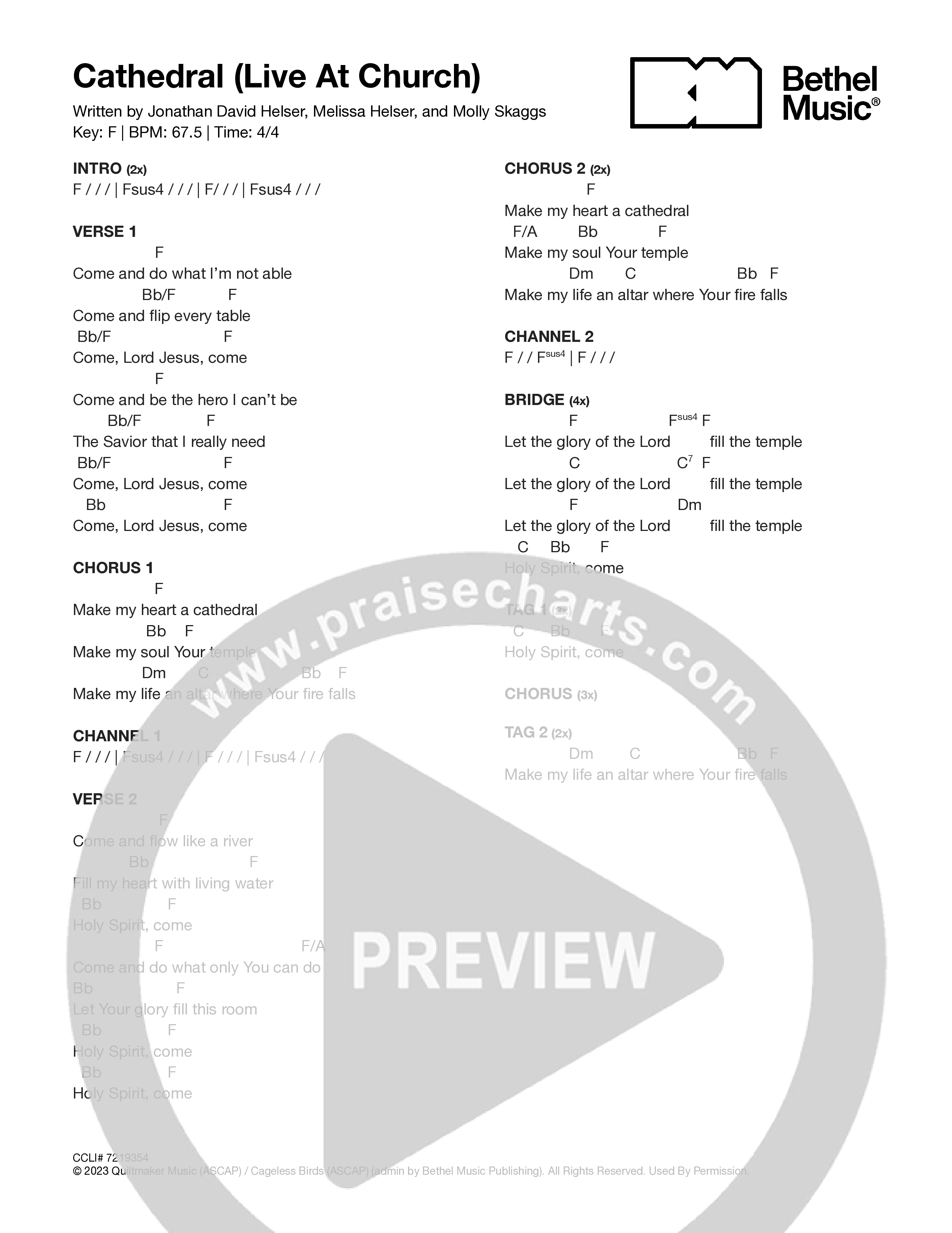 Cathedral (Live At Church) Chord Chart (Bethel Music / Jonathan David Helser / Melissa Helser)