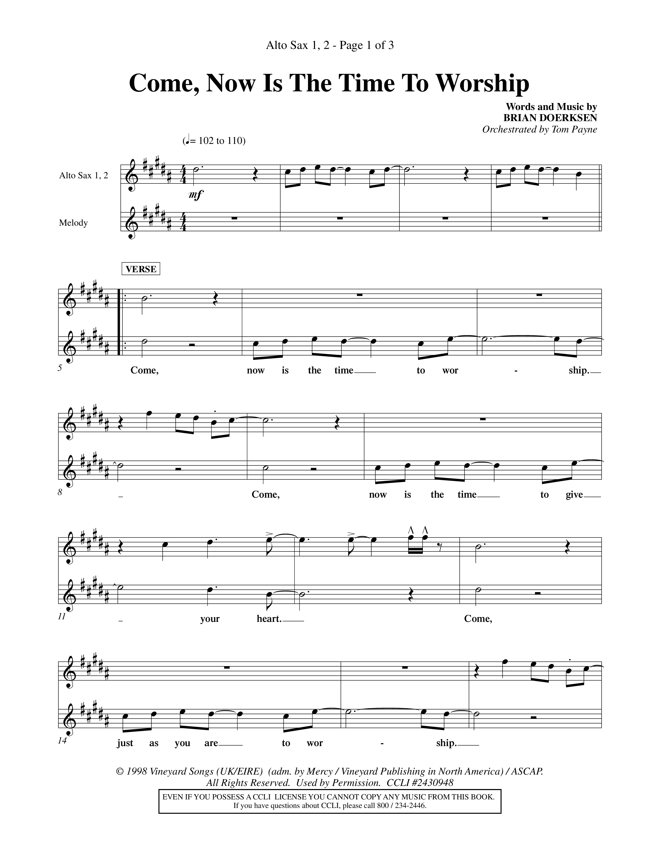 Come Now Is The Time To Worship (Choral Anthem SATB) Alto Sax 1/2 (Word Music Choral / Orch. Tom Payne)