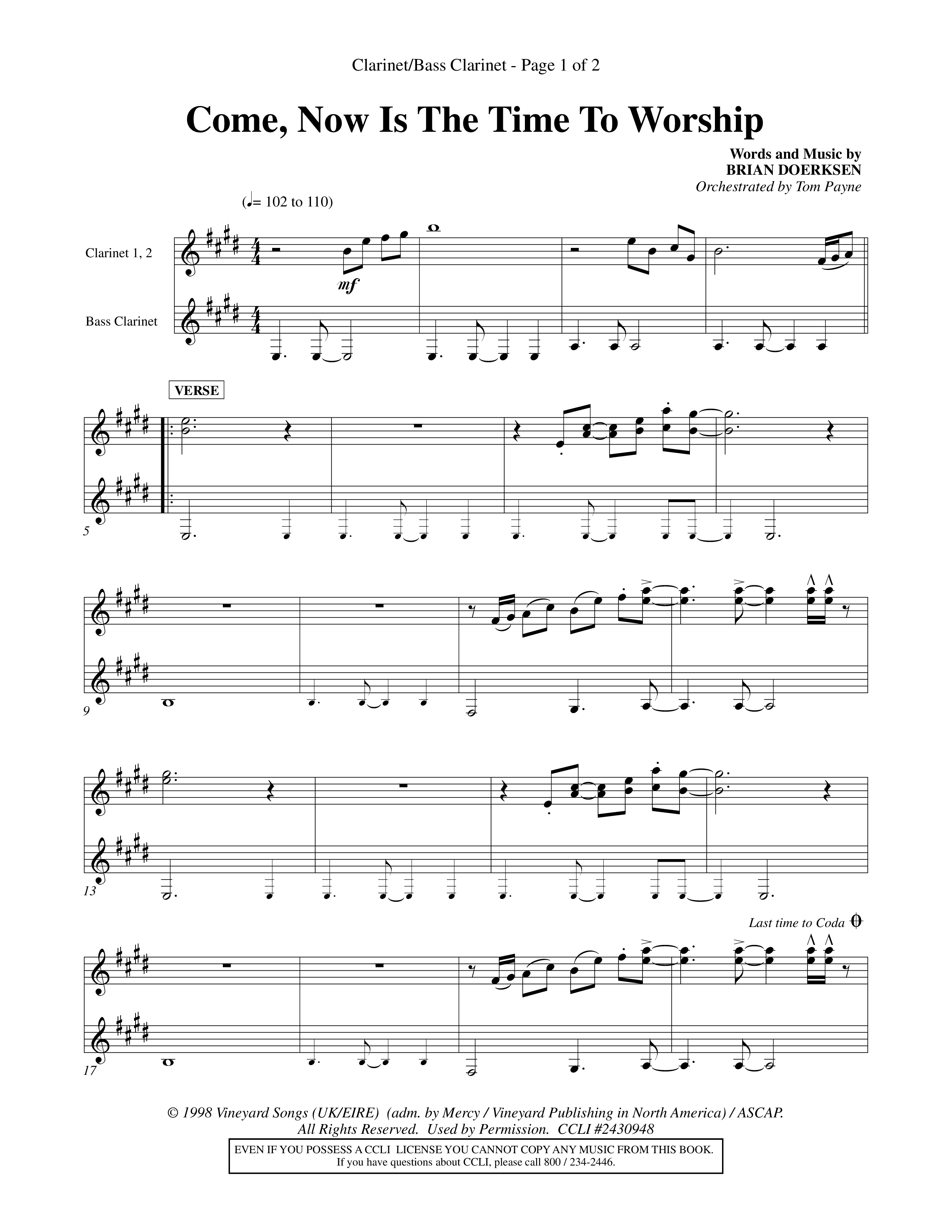 Come Now Is The Time To Worship (Choral Anthem SATB) Clarinet 1/2, Bass Clarinet (Word Music Choral / Orch. Tom Payne)