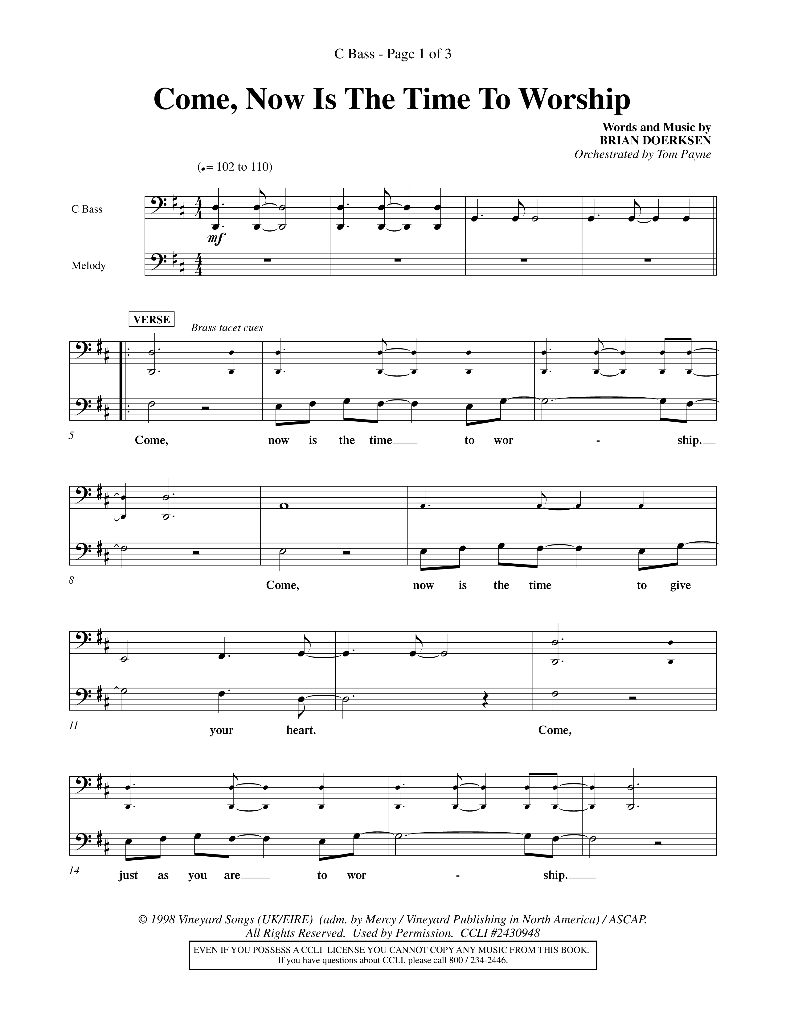 Come Now Is The Time To Worship (Choral Anthem SATB) Contrabass (Word Music Choral / Orch. Tom Payne)