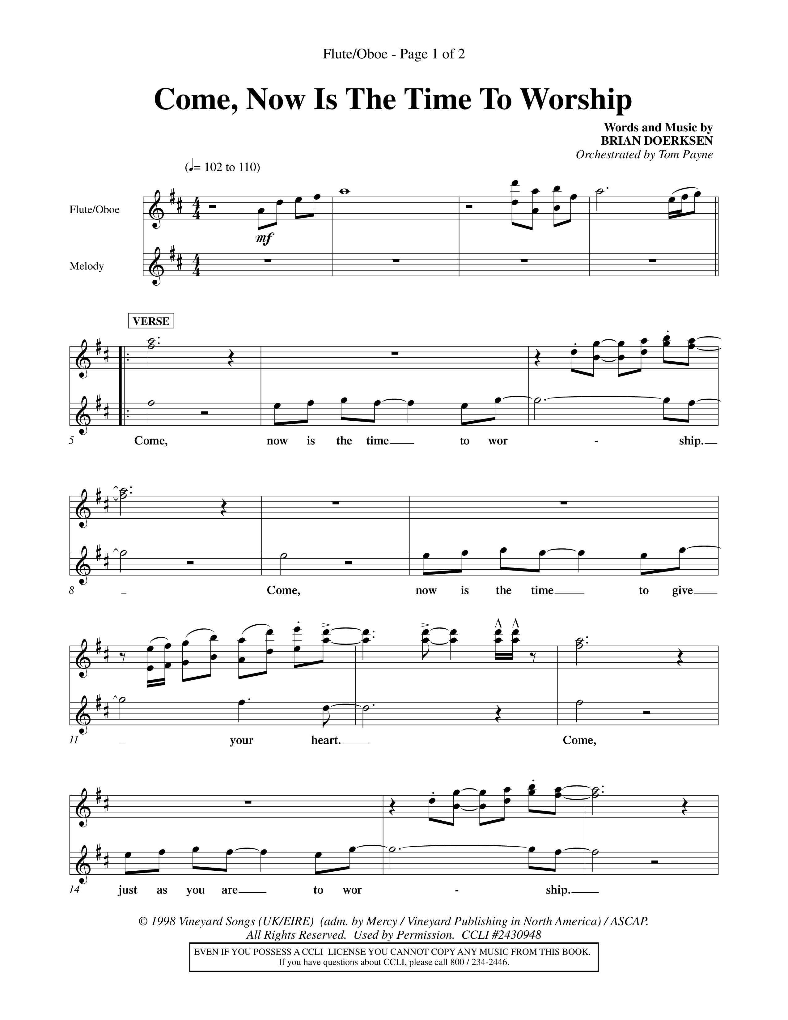 Come Now Is The Time To Worship (Choral Anthem SATB) Flute/Oboe (Word Music Choral / Orch. Tom Payne)