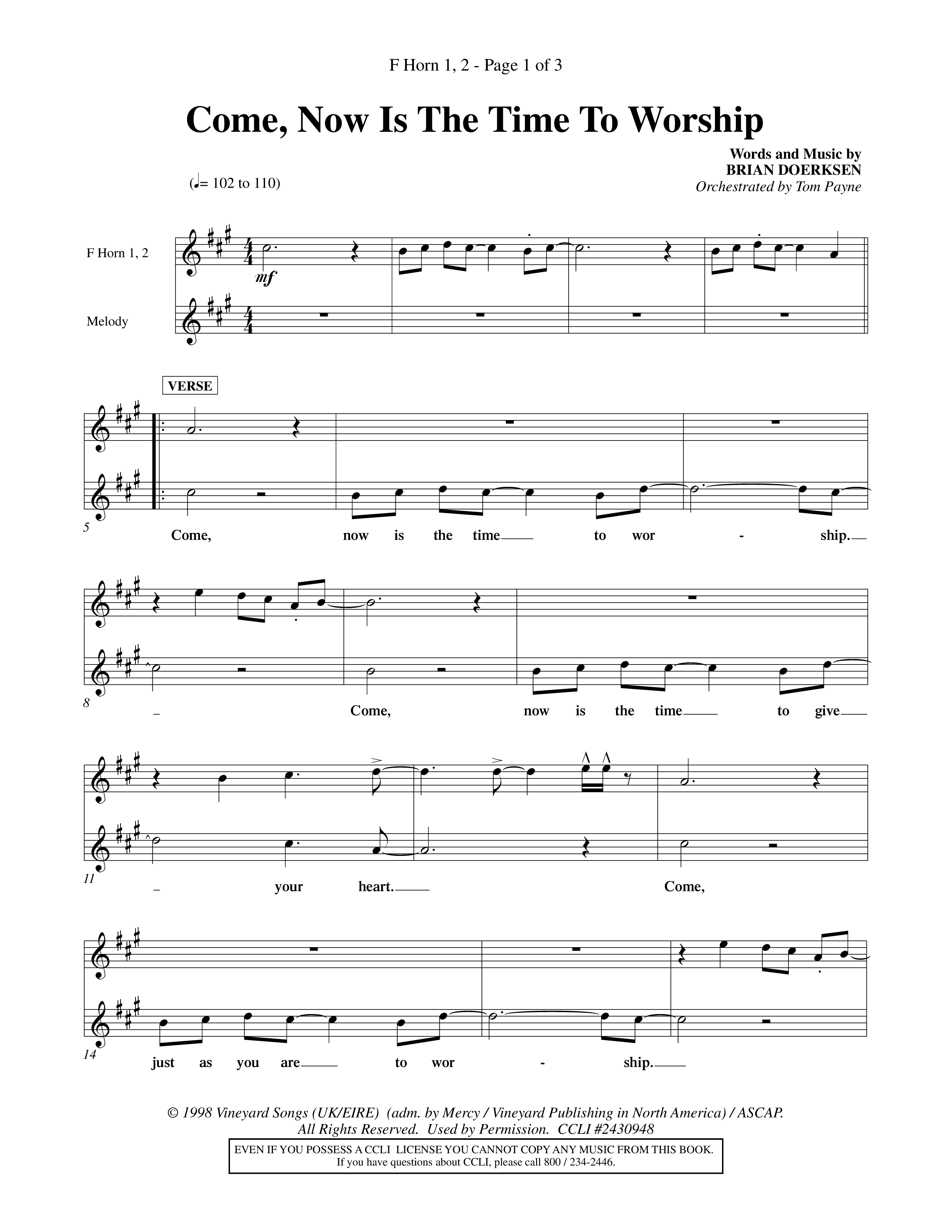 Come Now Is The Time To Worship (Choral Anthem SATB) French Horn (Word Music Choral / Orch. Tom Payne)