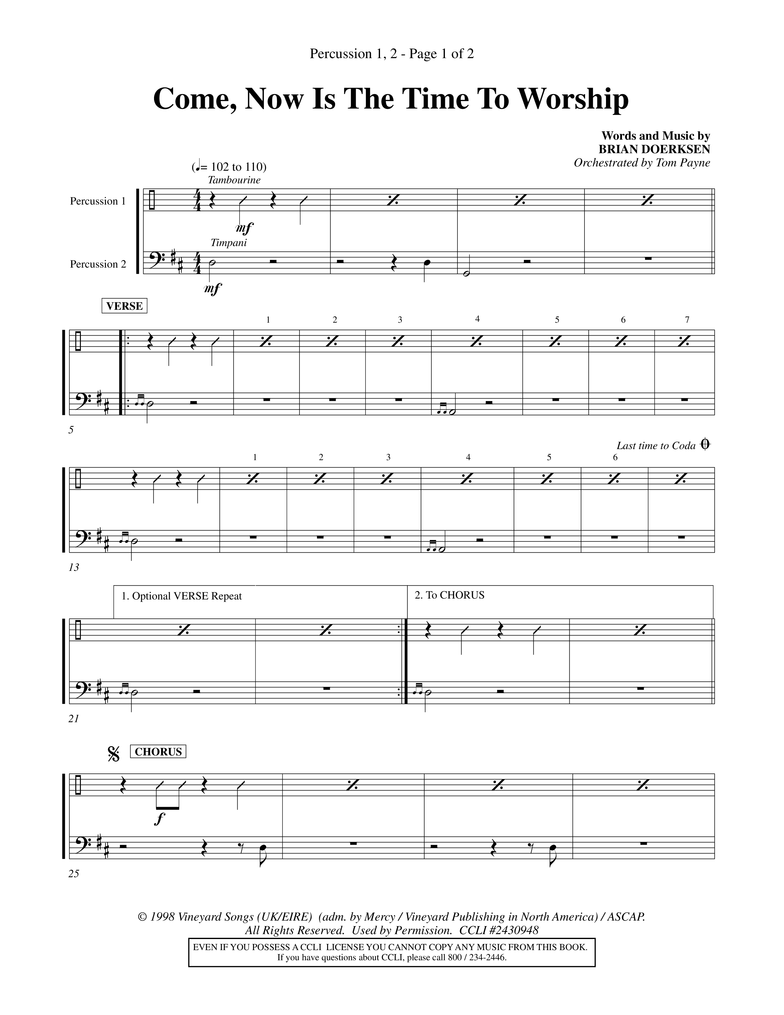 Come Now Is The Time To Worship (Choral Anthem SATB) Percussion 1/2 (Word Music Choral / Orch. Tom Payne)