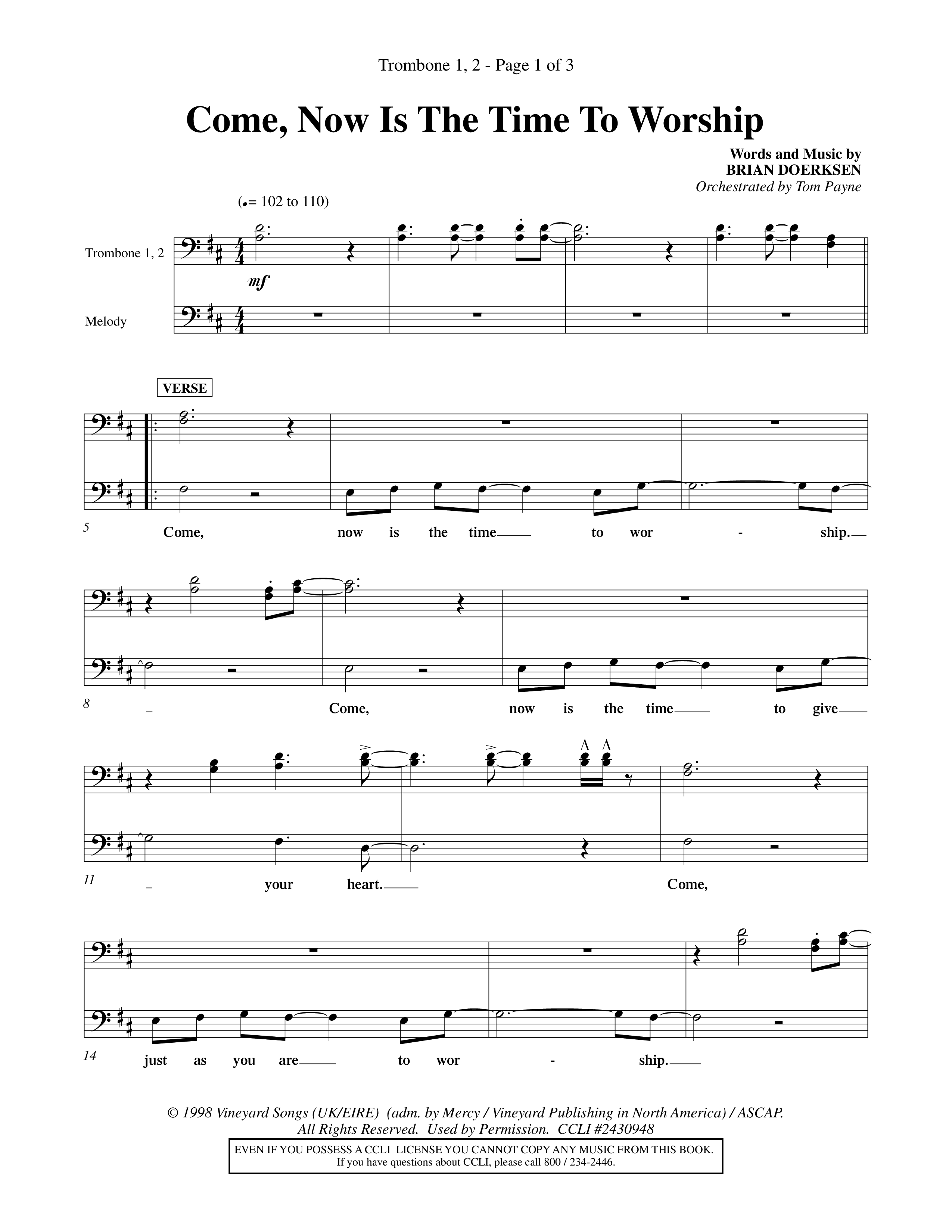 Come Now Is The Time To Worship (Choral Anthem SATB) Trombone 1/2 (Word Music Choral / Orch. Tom Payne)