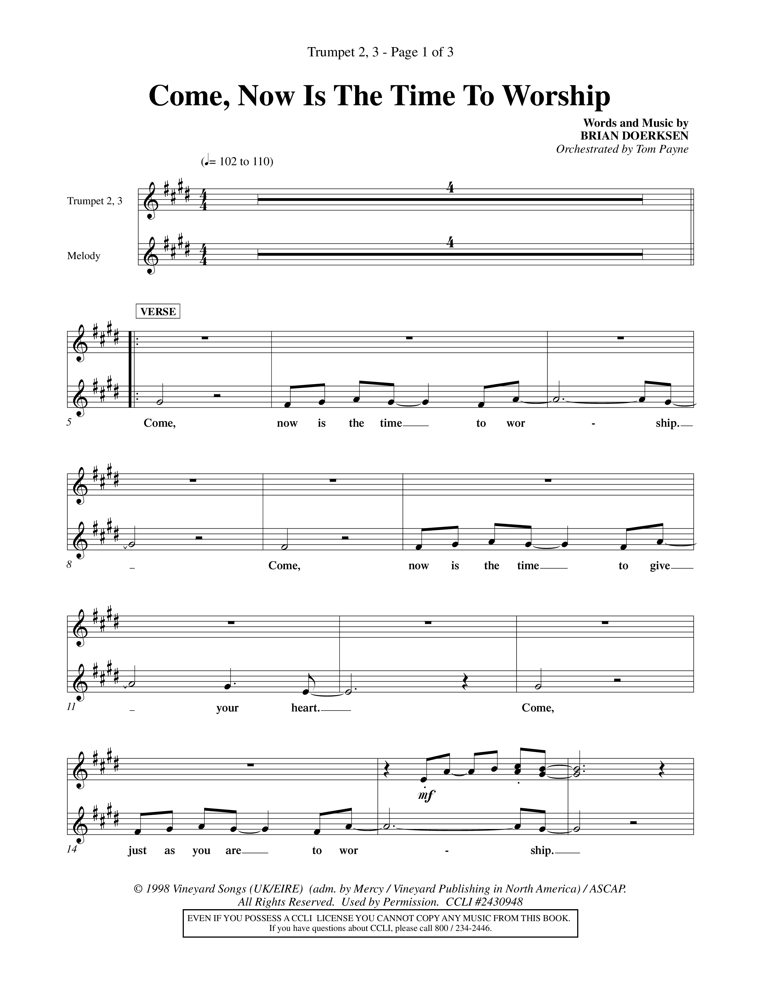 Come Now Is The Time To Worship (Choral Anthem SATB) Trumpet 2/3 (Word Music Choral / Orch. Tom Payne)