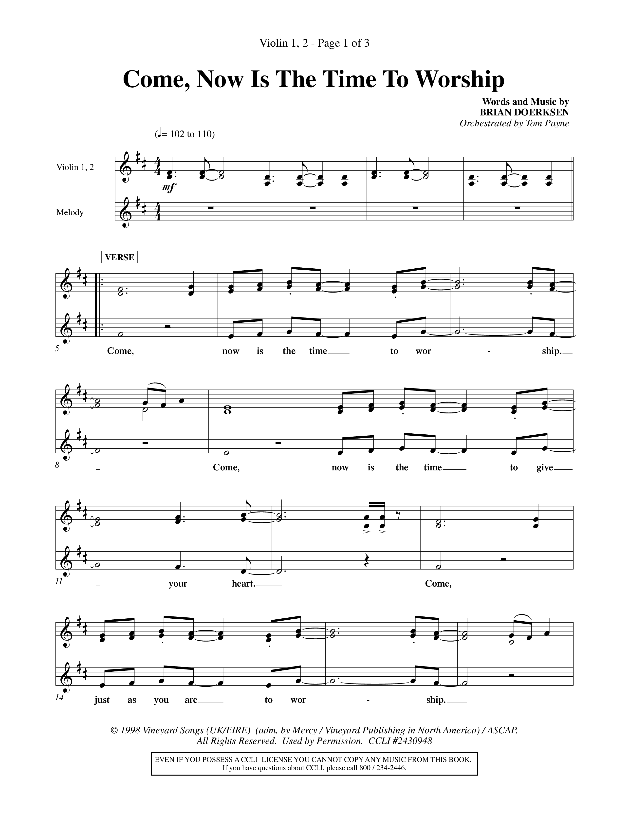 Come Now Is The Time To Worship (Choral Anthem SATB) Violin 1/2 (Word Music Choral / Orch. Tom Payne)