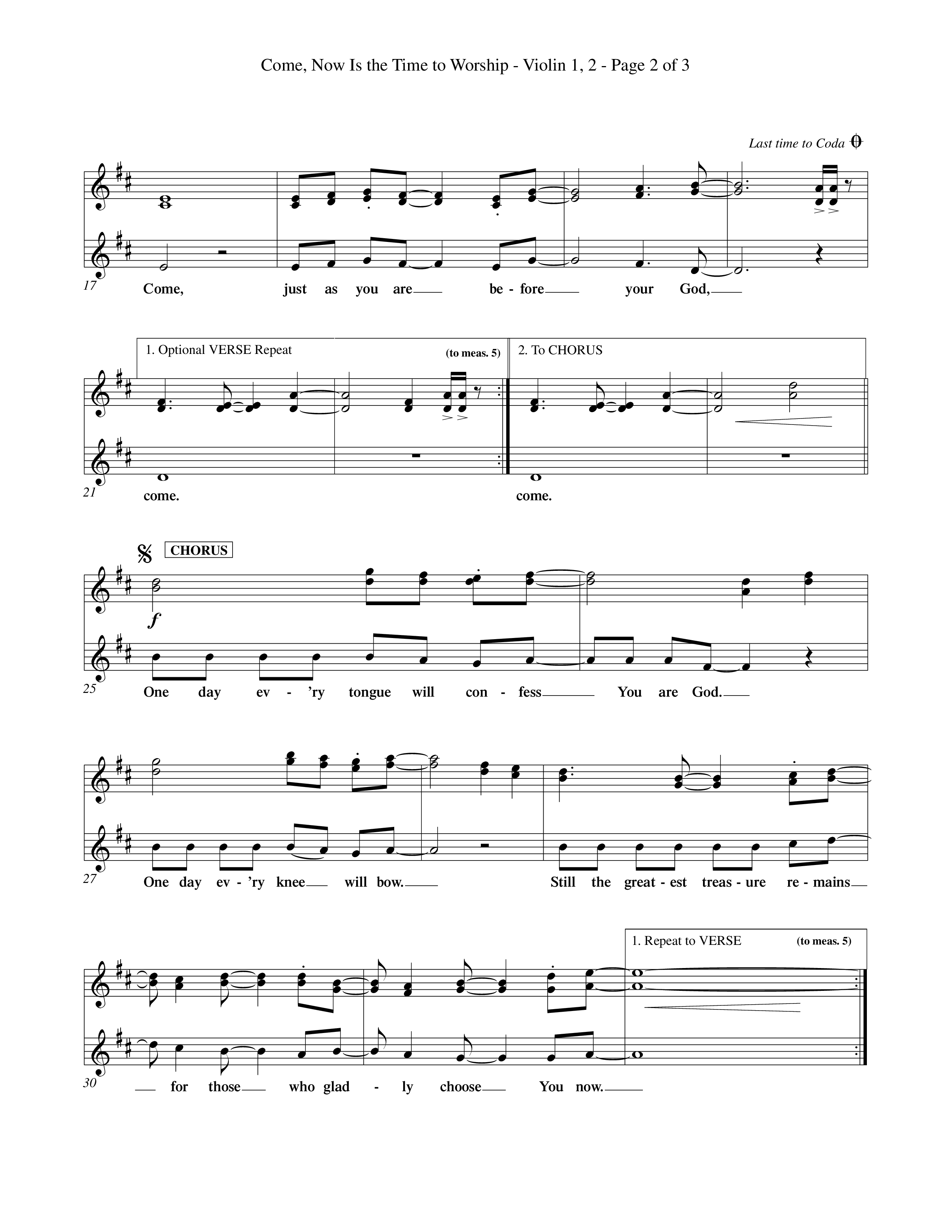 Come Now Is The Time To Worship (Choral Anthem SATB) Violin 1/2 (Word Music Choral / Orch. Tom Payne)