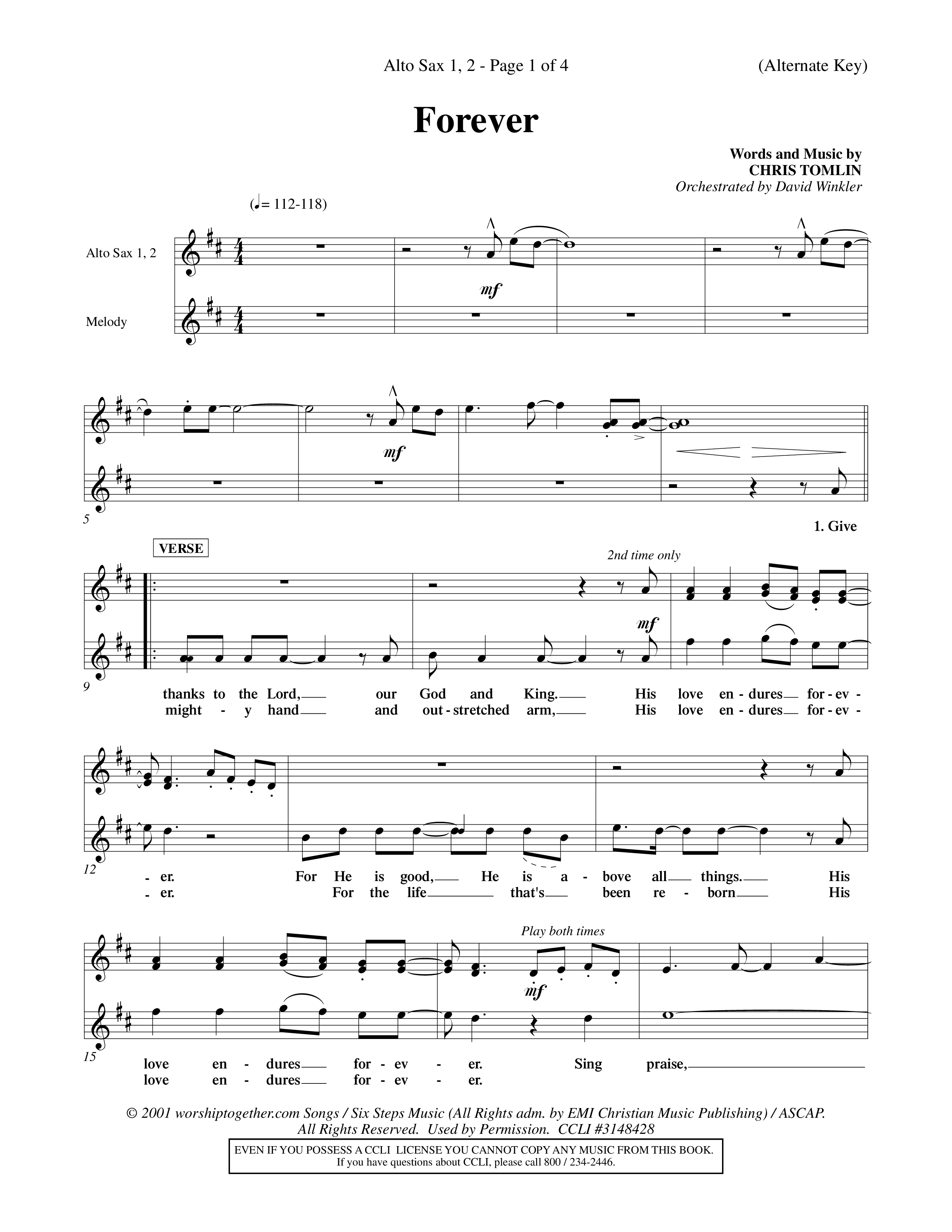 Forever (Choral Anthem SATB) Alto Sax 1/2 (Word Music Choral / Orch. David Winkler)