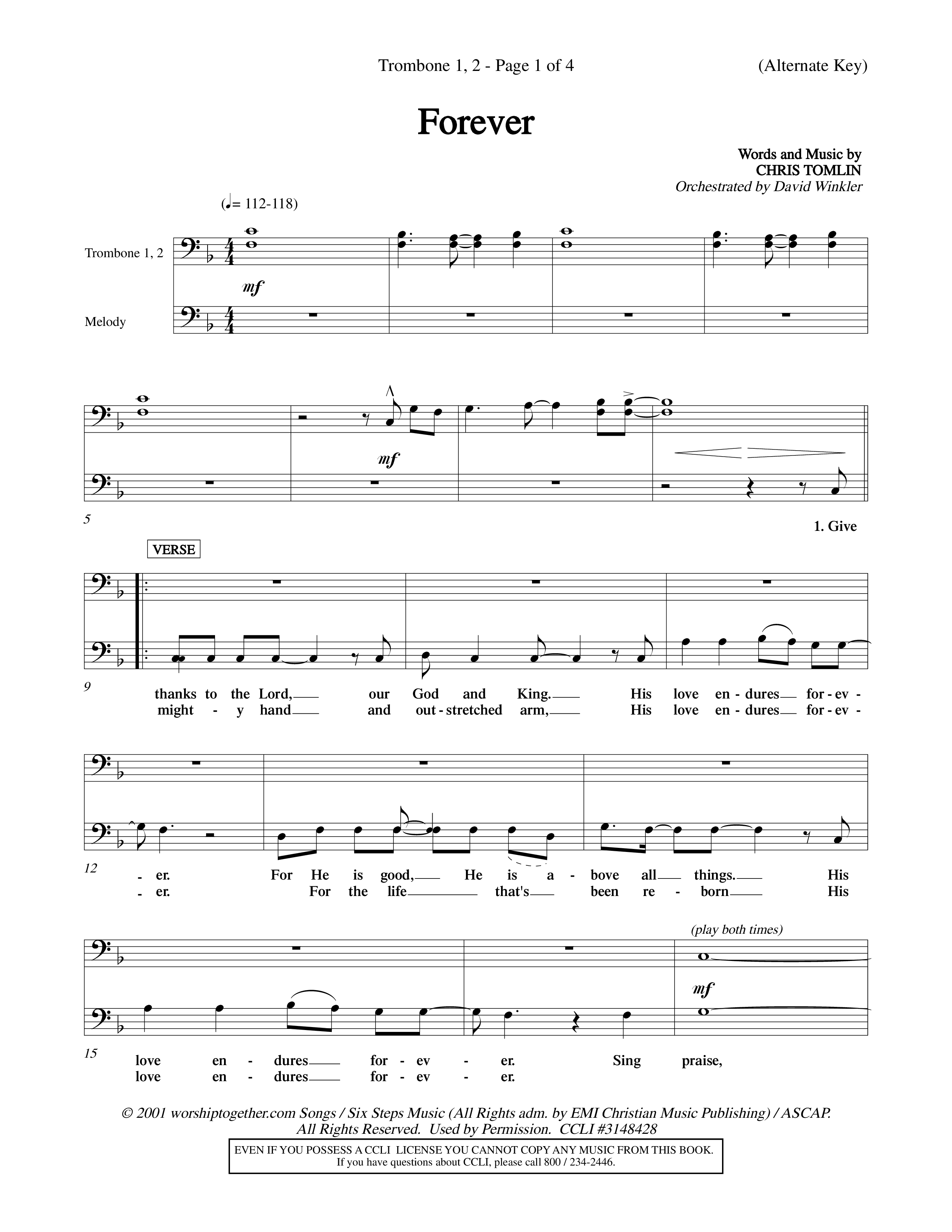 Forever (Choral Anthem SATB) Trombone 1/2 (Word Music Choral / Orch. David Winkler)