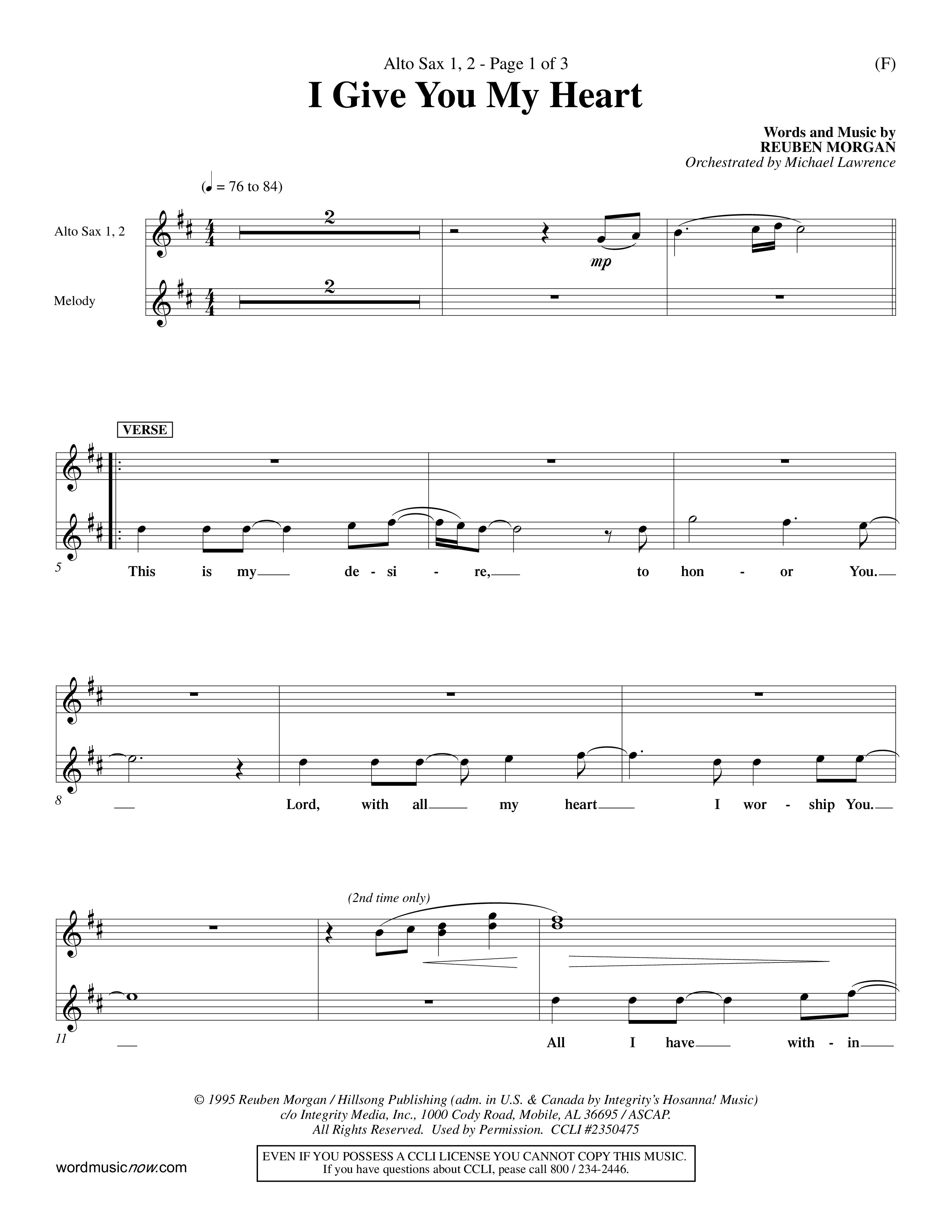I Give You My Heart (Choral Anthem SATB) Alto Sax 1/2 (Word Music Choral / Orch. Michael Lawrence)