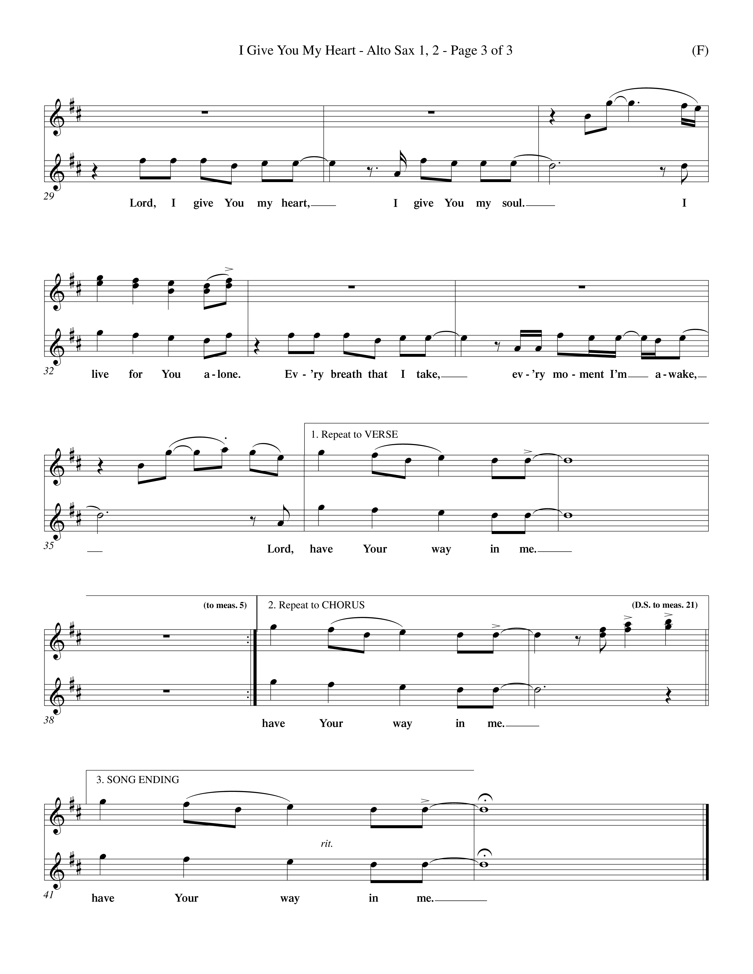 I Give You My Heart (Choral Anthem SATB) Alto Sax 1/2 (Word Music Choral / Orch. Michael Lawrence)