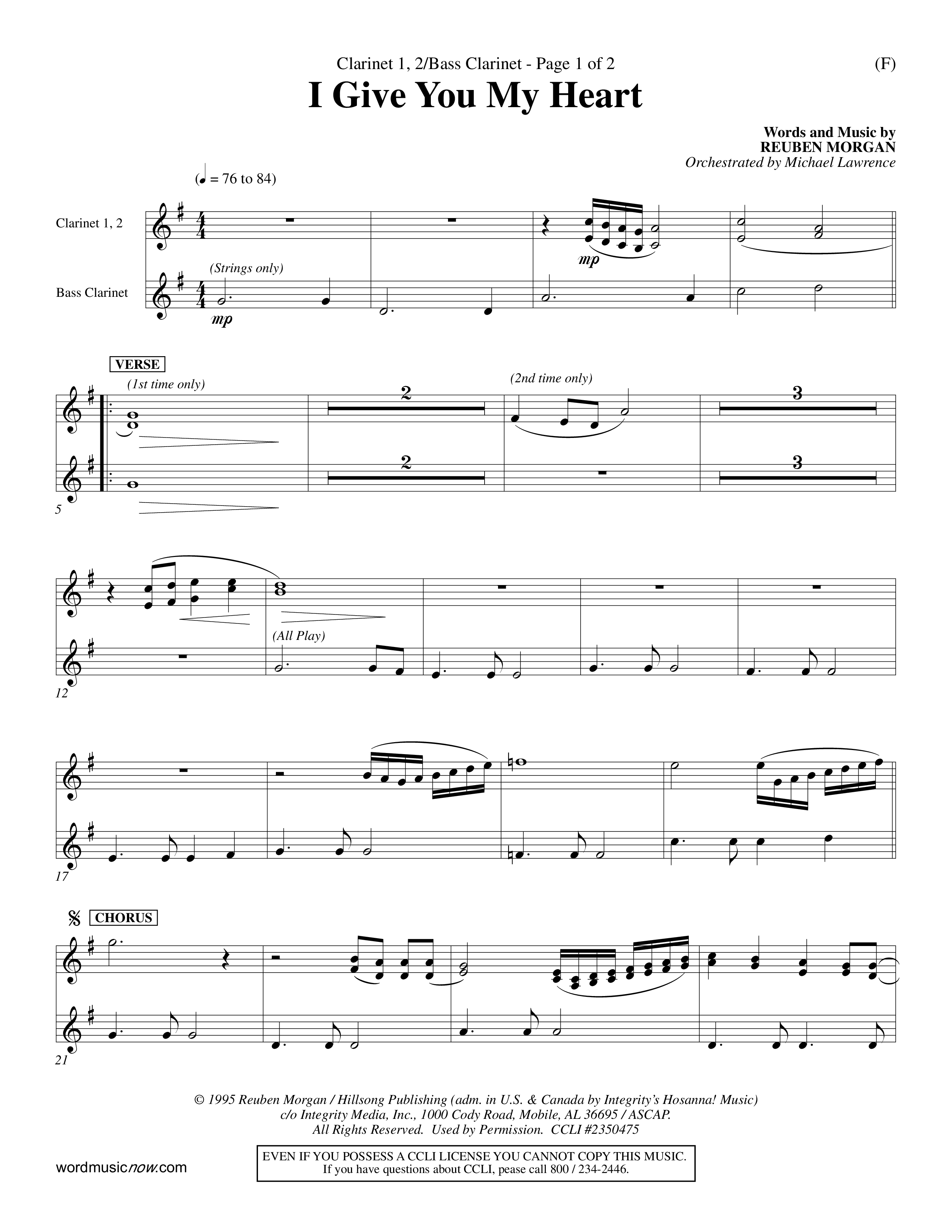 I Give You My Heart (Choral Anthem SATB) Clarinet 1/2, Bass Clarinet (Word Music Choral / Orch. Michael Lawrence)