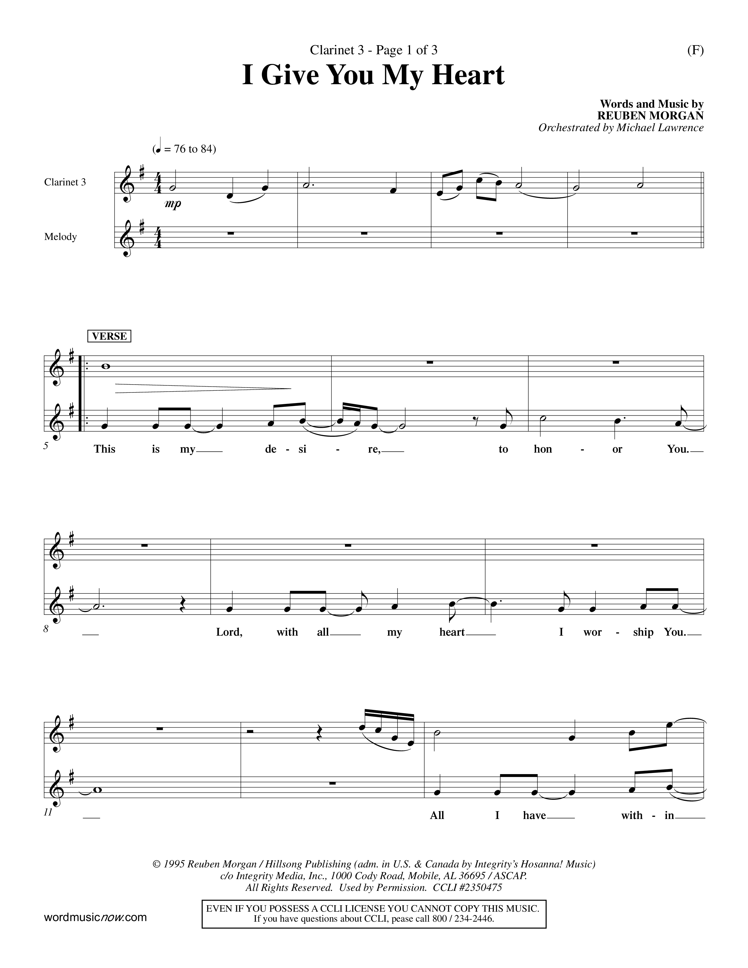 I Give You My Heart (Choral Anthem SATB) Clarinet 3 (Word Music Choral / Orch. Michael Lawrence)