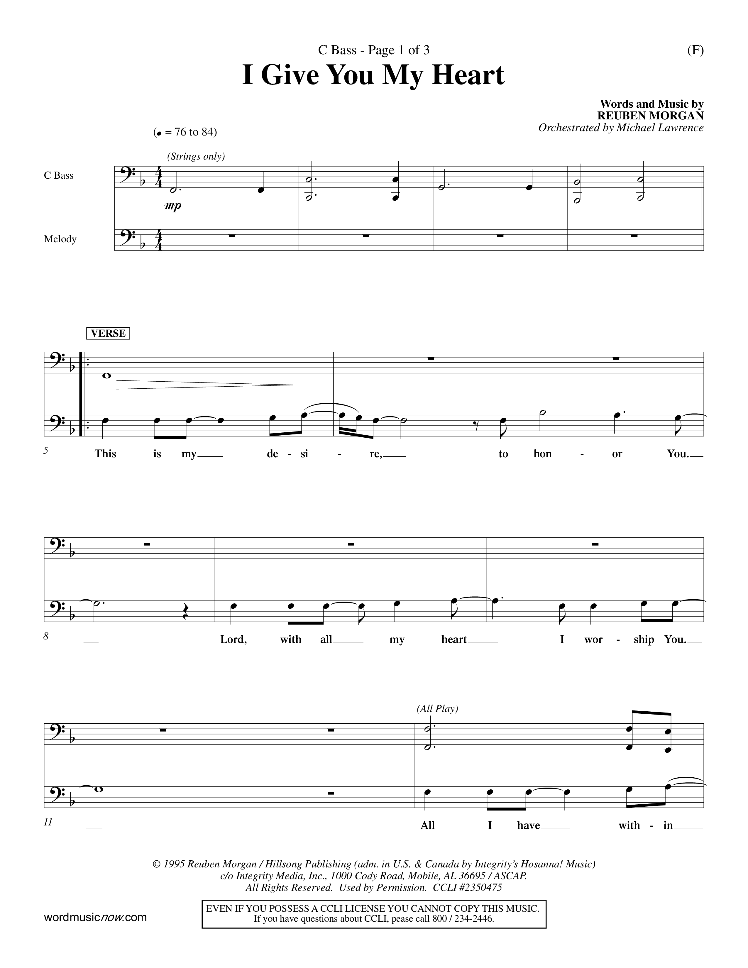 I Give You My Heart (Choral Anthem SATB) Contrabass (Word Music Choral / Orch. Michael Lawrence)