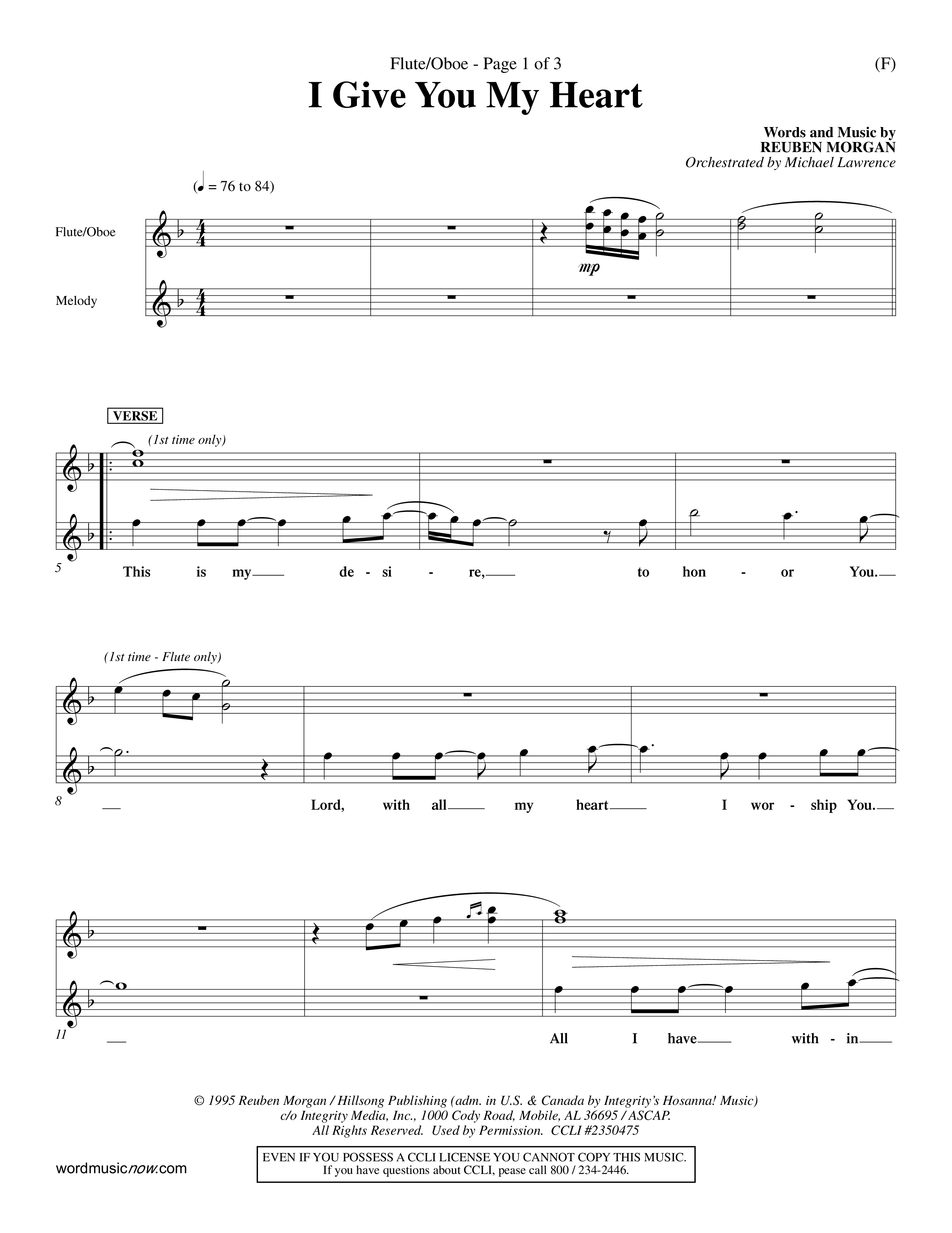 I Give You My Heart (Choral Anthem SATB) Flute/Oboe (Word Music Choral / Orch. Michael Lawrence)
