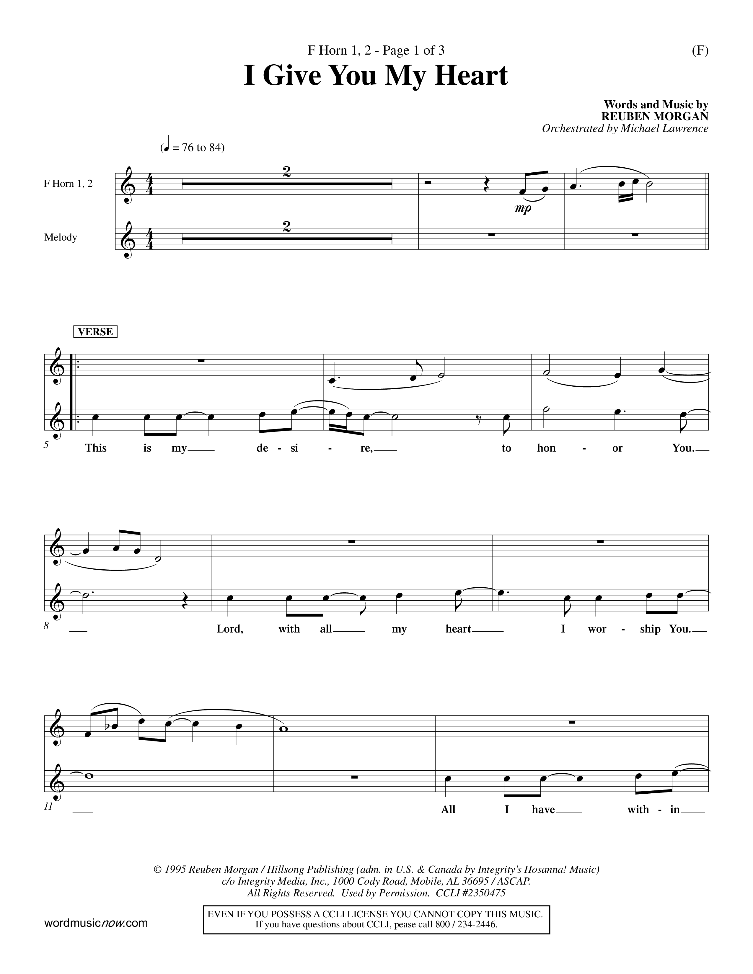 I Give You My Heart (Choral Anthem SATB) French Horn (Word Music Choral / Orch. Michael Lawrence)