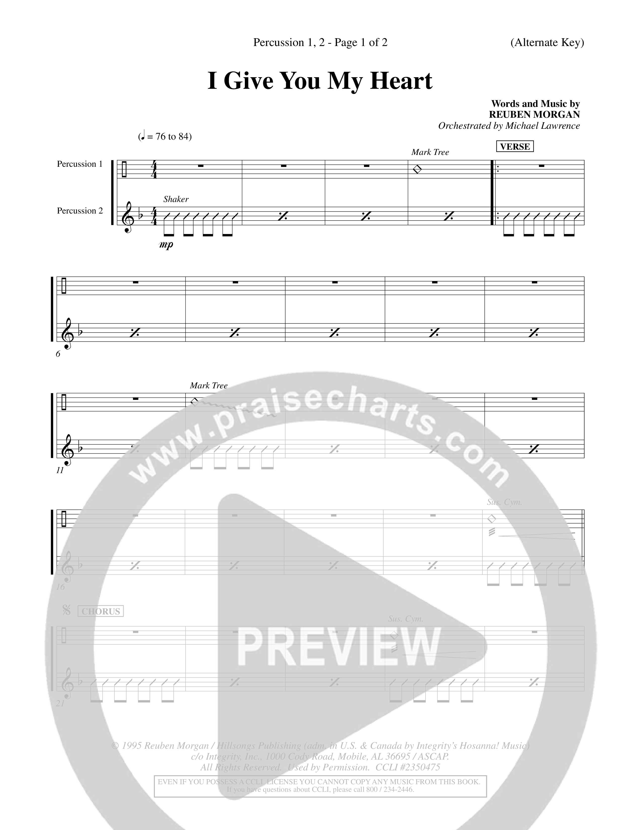 I Give You My Heart (Choral Anthem SATB) Percussion 1/2 (Word Music Choral / Orch. Michael Lawrence)