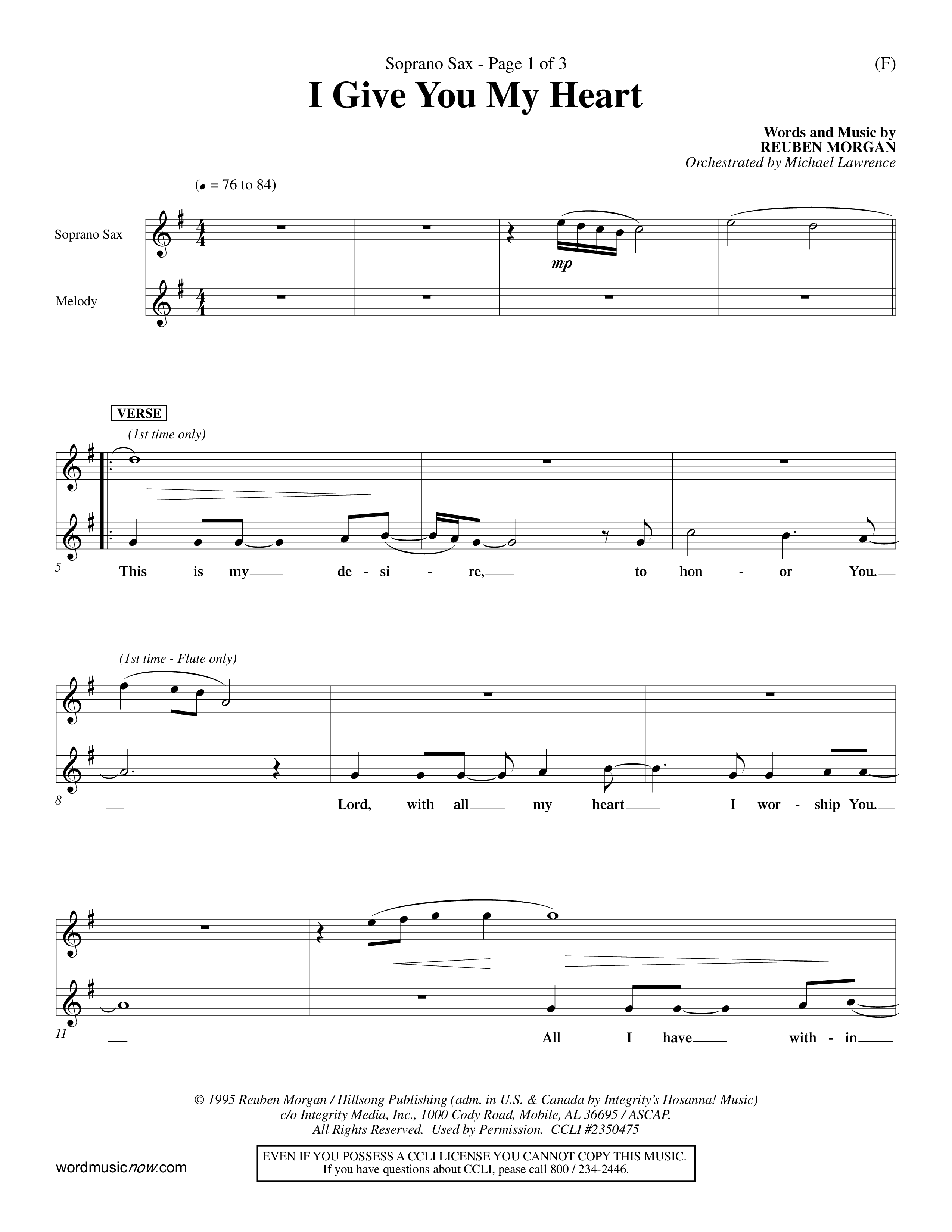I Give You My Heart (Choral Anthem SATB) Saxophone (Word Music Choral / Orch. Michael Lawrence)