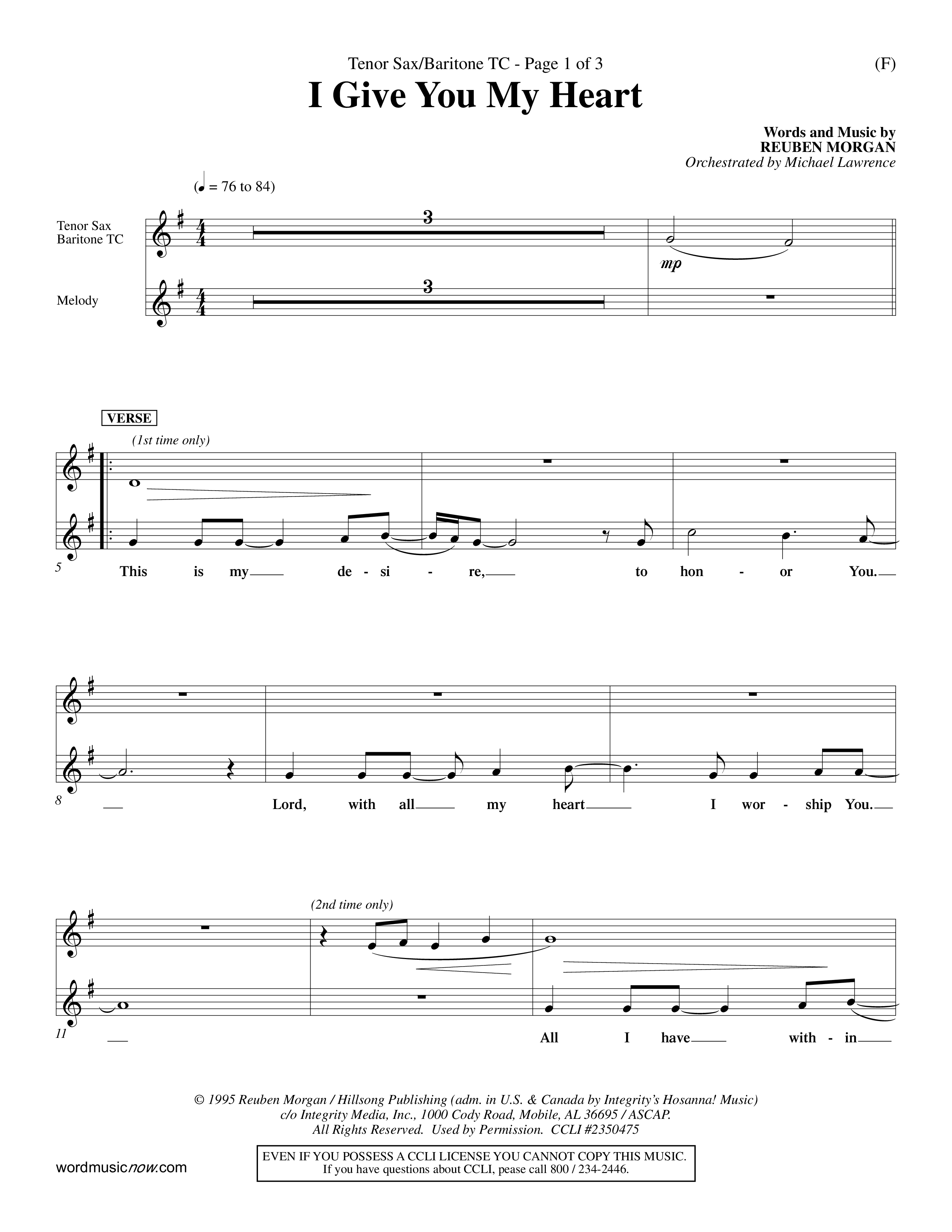 I Give You My Heart (Choral Anthem SATB) Tenor Sax/Baritone T.C. (Word Music Choral / Orch. Michael Lawrence)
