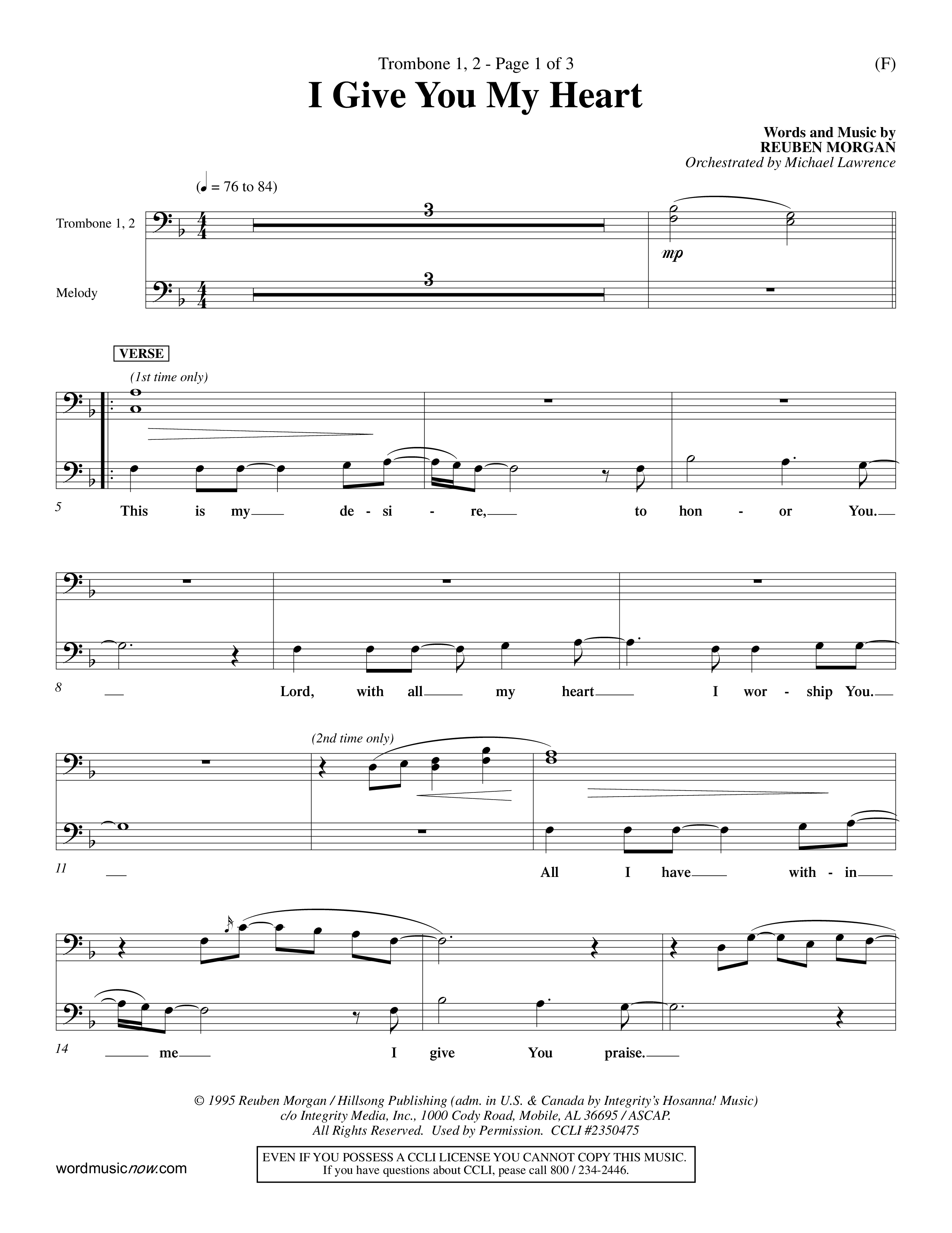 I Give You My Heart (Choral Anthem SATB) Trombone 1/2 (Word Music Choral / Orch. Michael Lawrence)