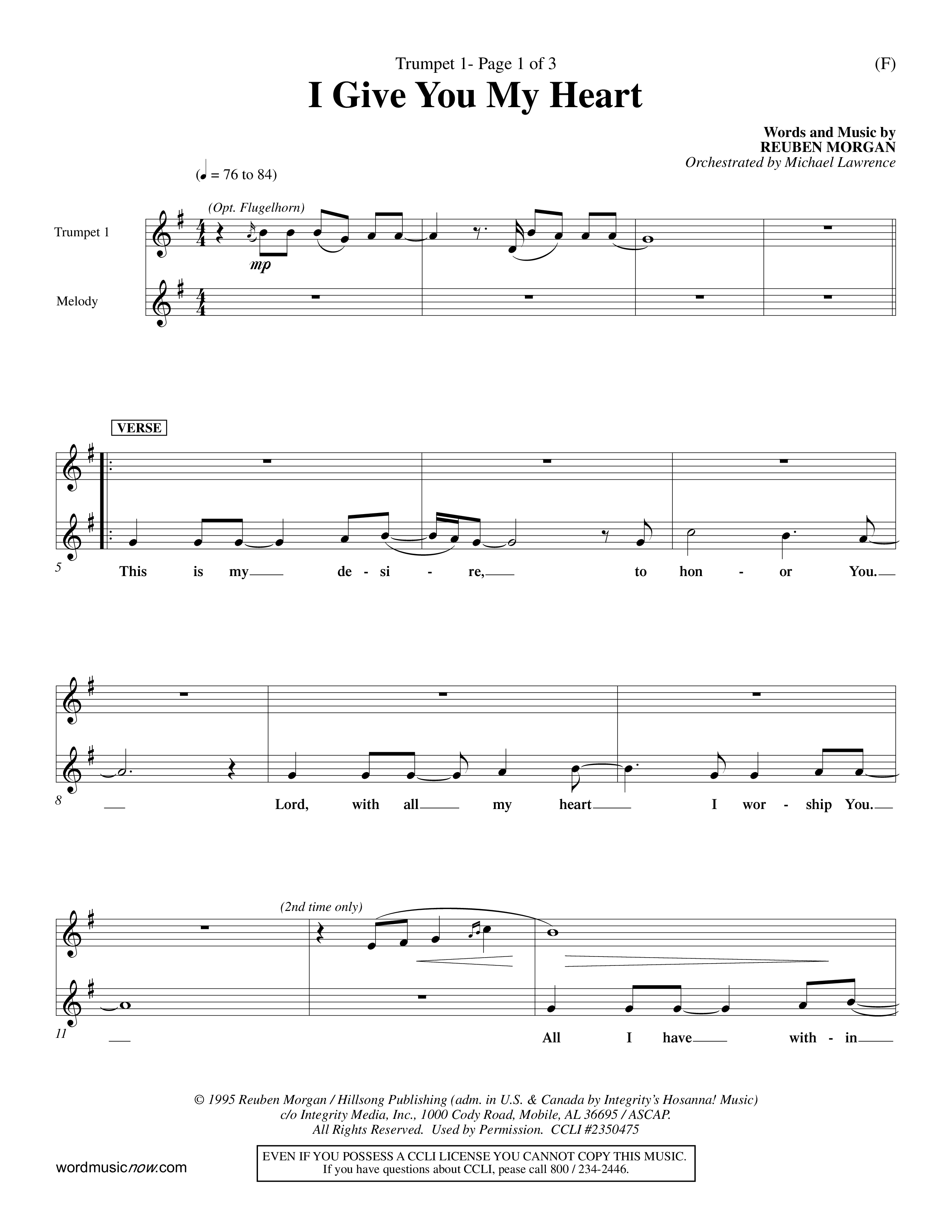 I Give You My Heart (Choral Anthem SATB) Trumpet 1 (Word Music Choral / Orch. Michael Lawrence)