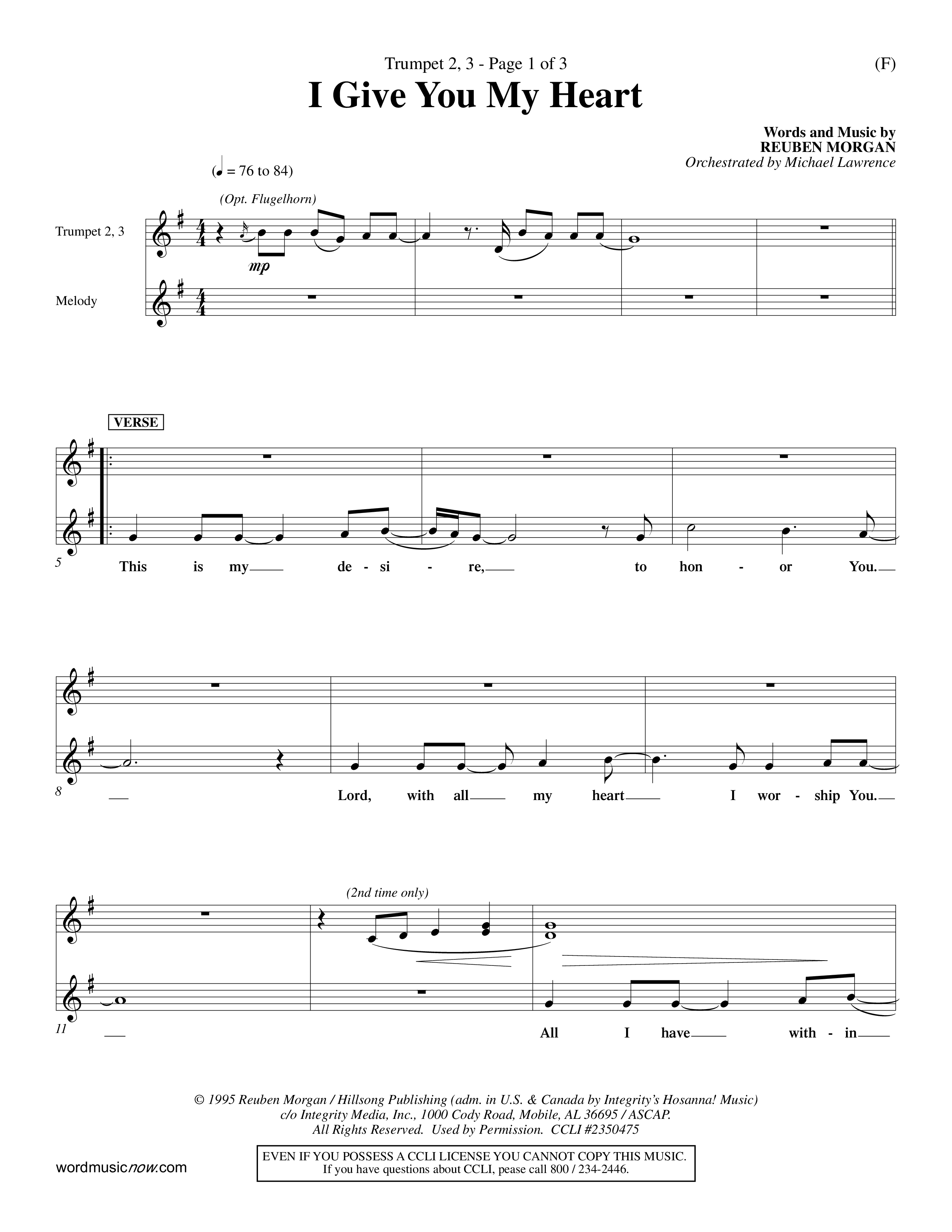 I Give You My Heart (Choral Anthem SATB) Trumpet 2/3 (Word Music Choral / Orch. Michael Lawrence)