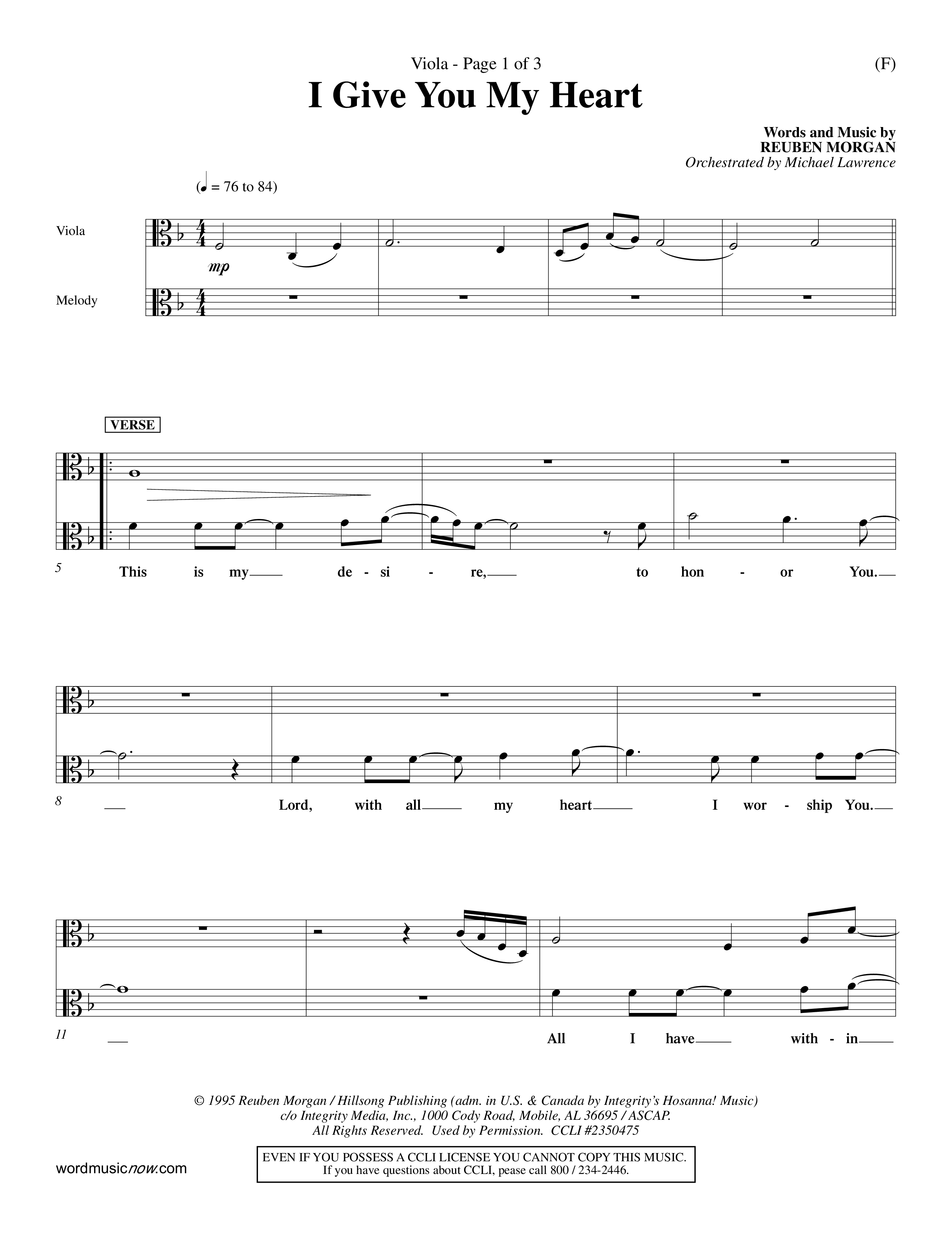 I Give You My Heart (Choral Anthem SATB) Viola (Word Music Choral / Orch. Michael Lawrence)