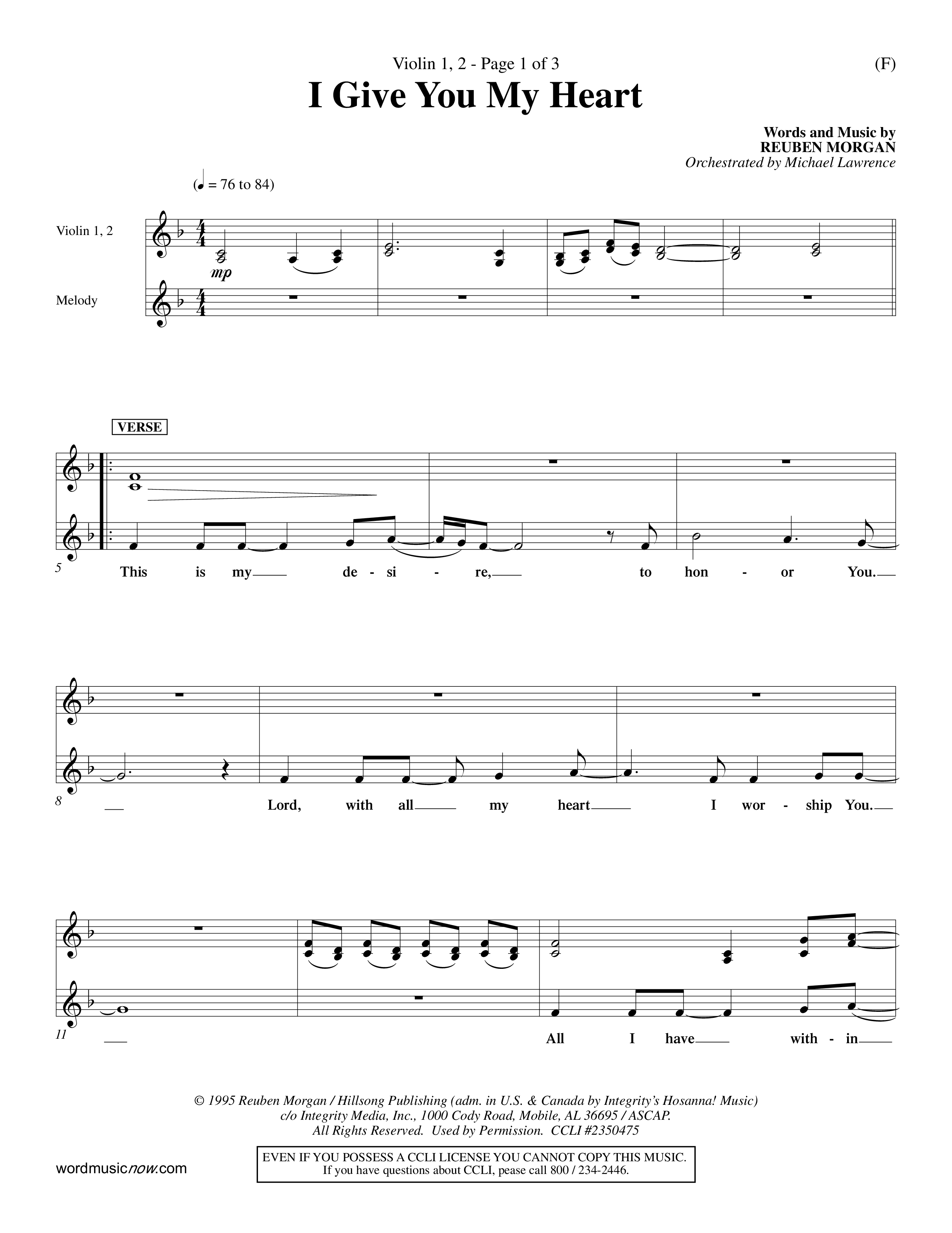 I Give You My Heart (Choral Anthem SATB) Violin 1/2 (Word Music Choral / Orch. Michael Lawrence)