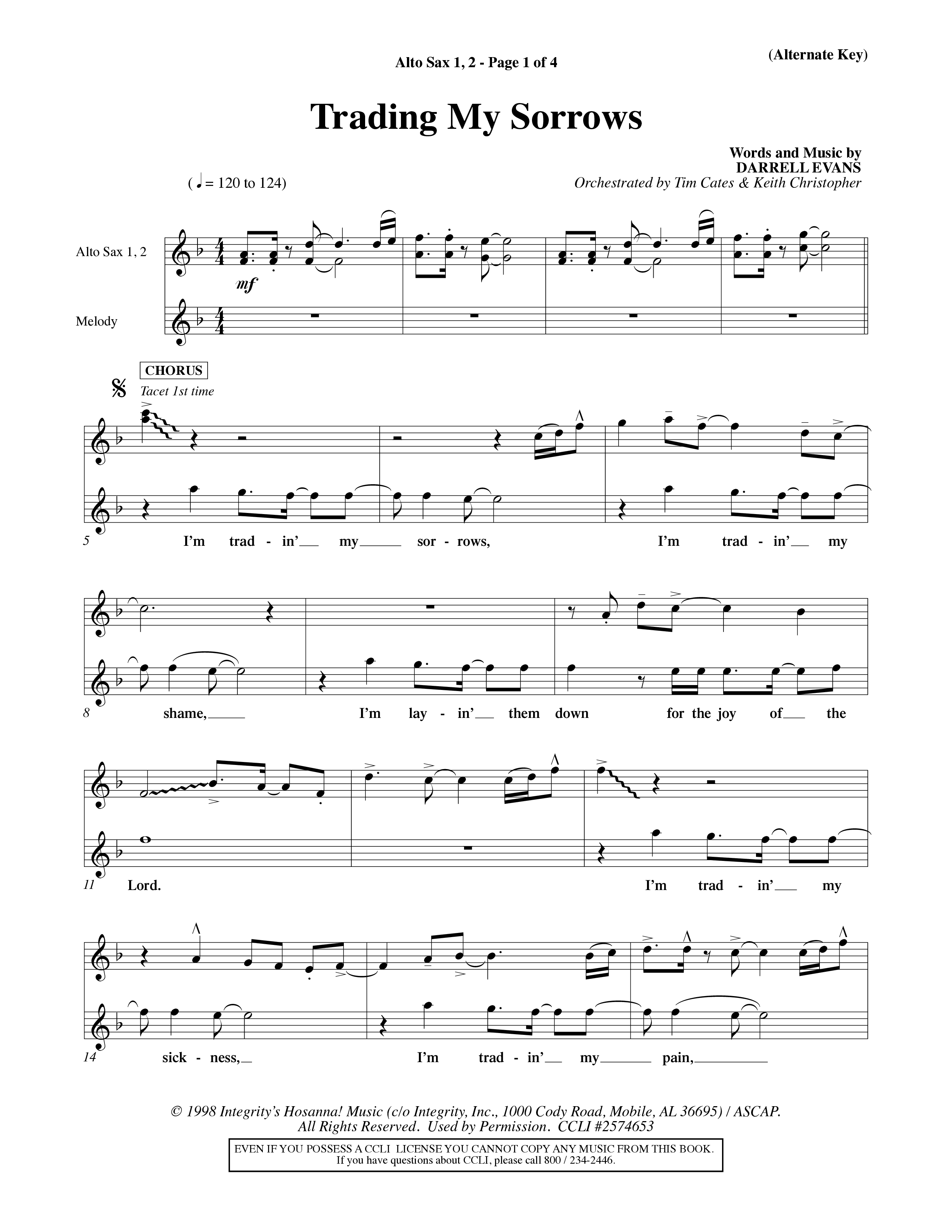 Trading My Sorrows (Choral Anthem SATB) Alto Sax 1/2 (Word Music Choral / Orch. Tim Cates / Orch. Keith Christopher)