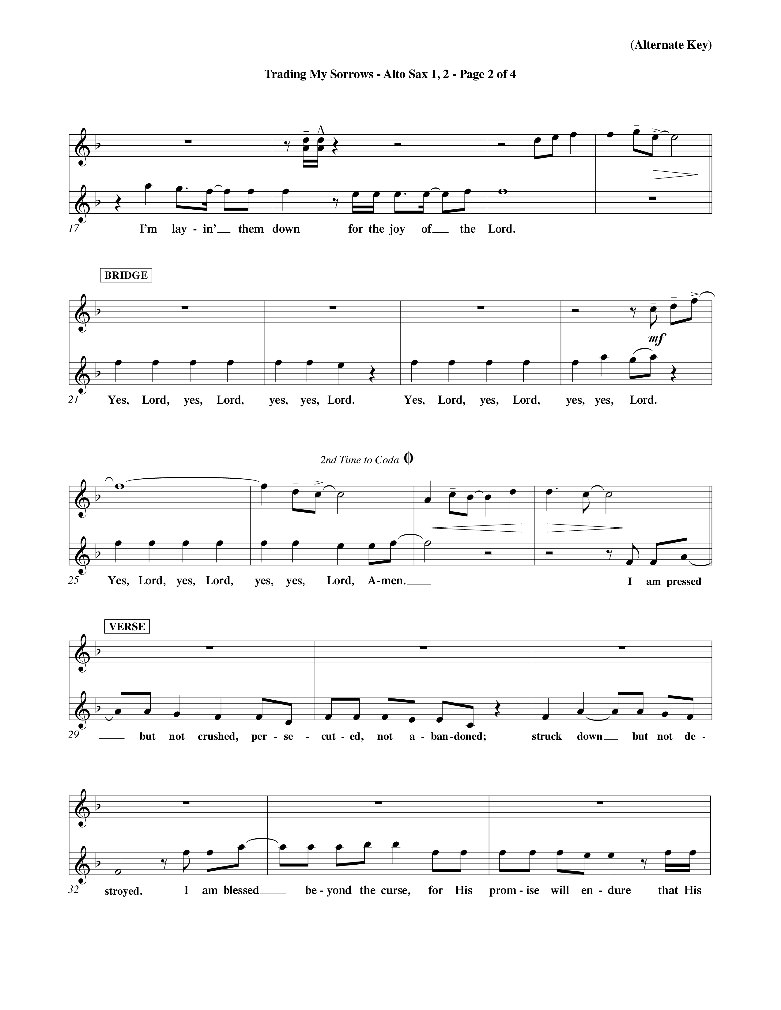 Trading My Sorrows (Choral Anthem SATB) Alto Sax 1/2 (Word Music Choral / Orch. Tim Cates / Orch. Keith Christopher)