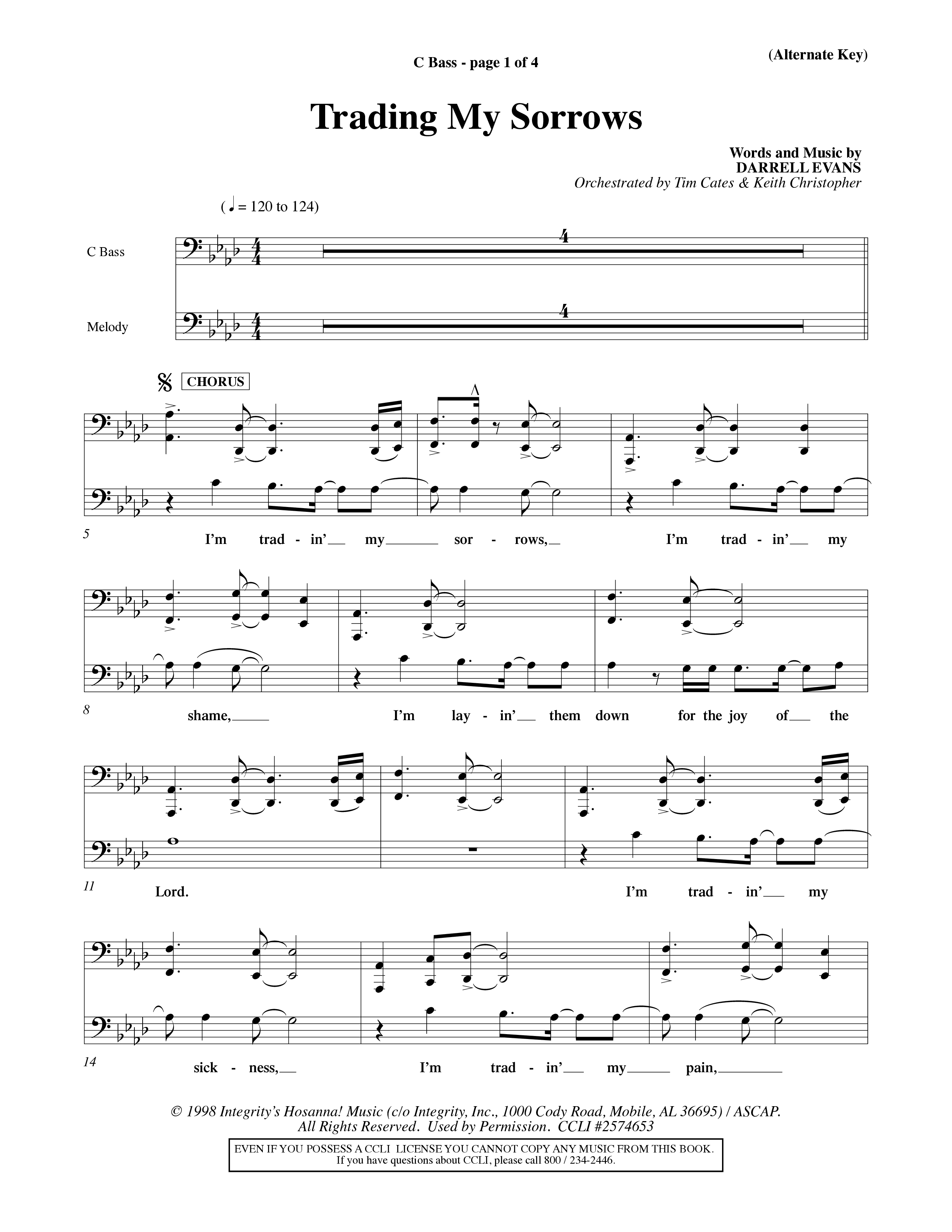 Trading My Sorrows (Choral Anthem SATB) Contrabass (Word Music Choral / Orch. Tim Cates / Orch. Keith Christopher)