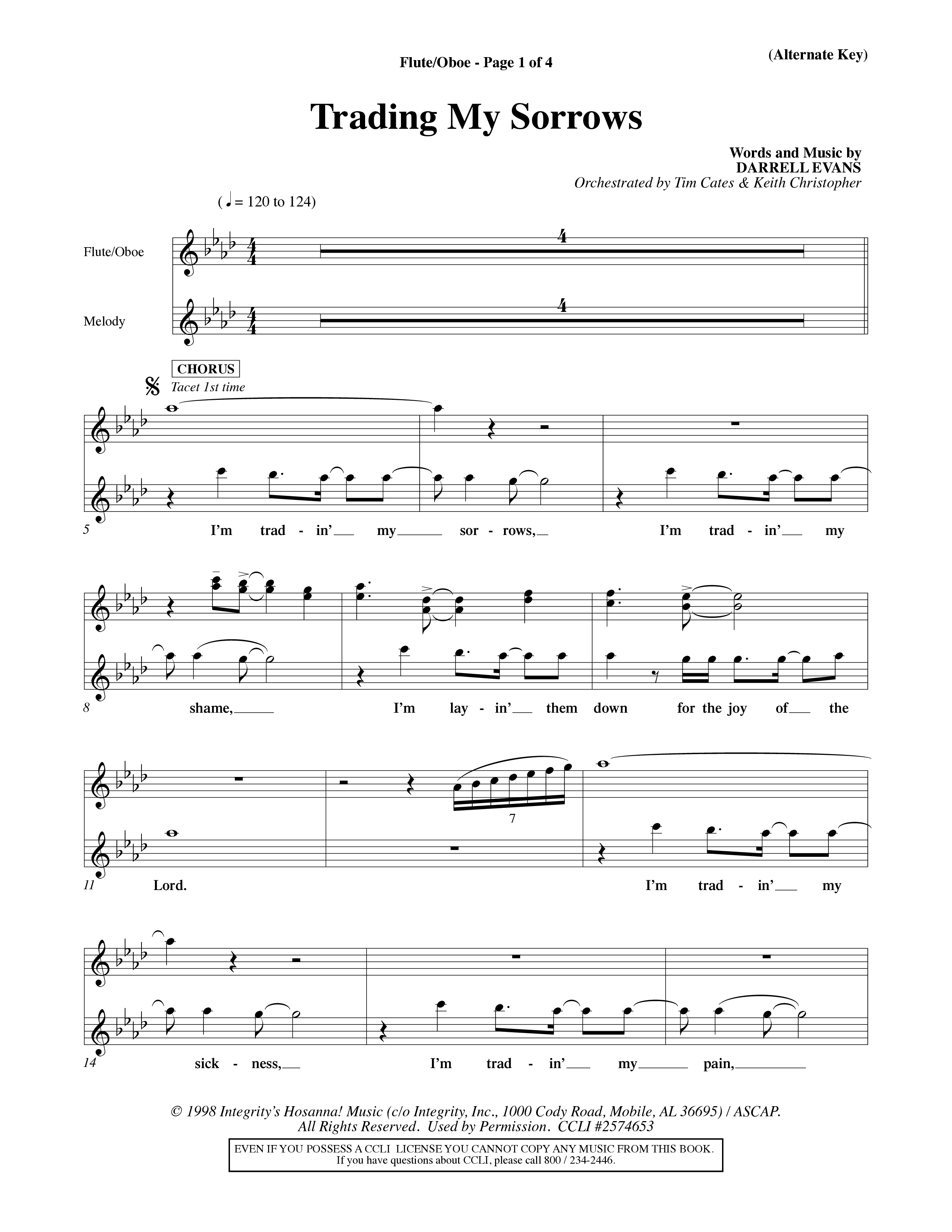 Trading My Sorrows (Choral Anthem SATB) Flute/Oboe (Word Music Choral / Orch. Tim Cates / Orch. Keith Christopher)