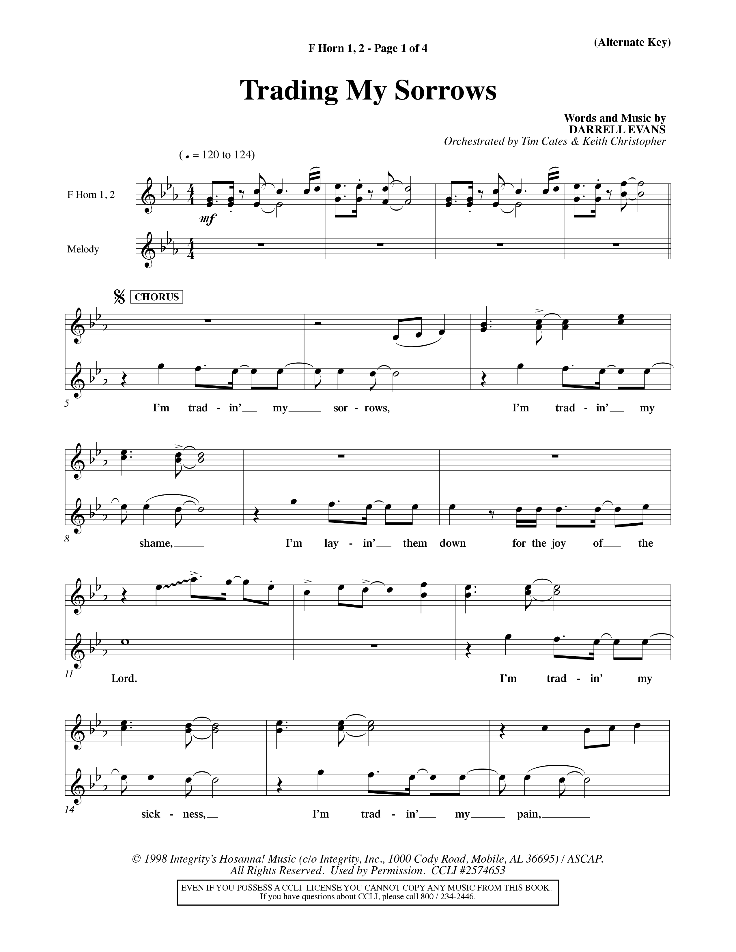 Trading My Sorrows (Choral Anthem SATB) French Horn (Word Music Choral / Orch. Tim Cates / Orch. Keith Christopher)