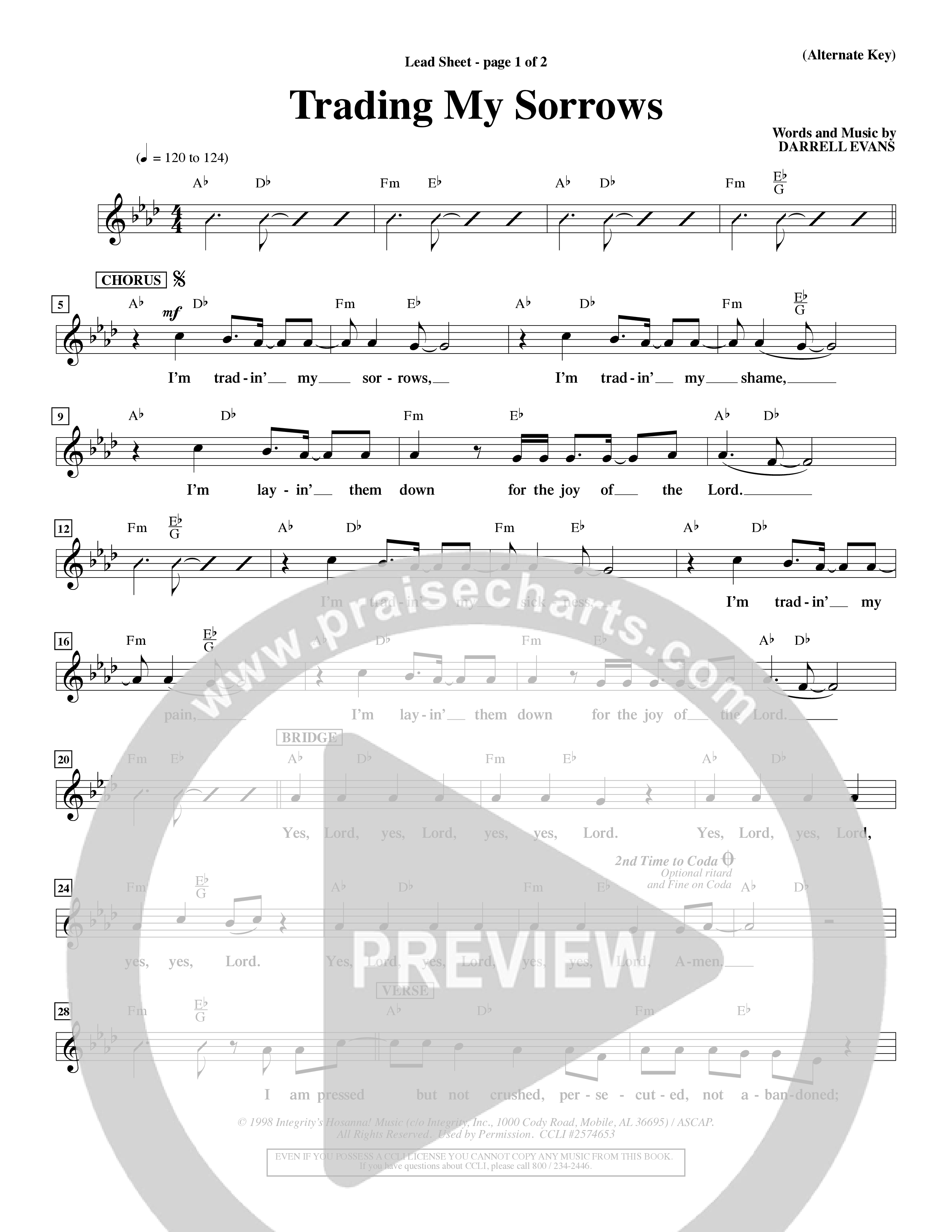 Trading My Sorrows (Choral Anthem SATB) Lead Sheet (Word Music Choral / Orch. Tim Cates / Orch. Keith Christopher)