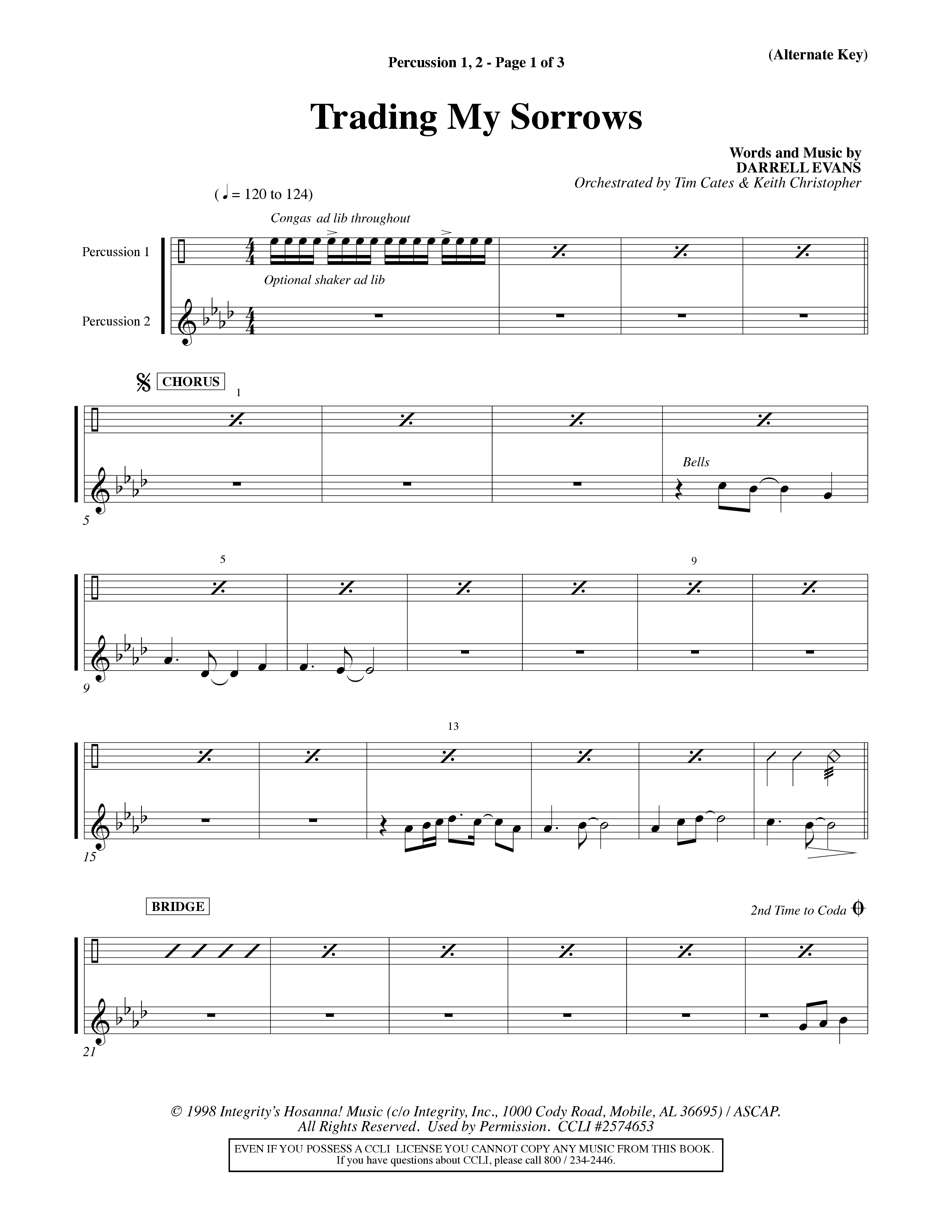 Trading My Sorrows (Choral Anthem SATB) Percussion 1/2 (Word Music Choral / Orch. Tim Cates / Orch. Keith Christopher)