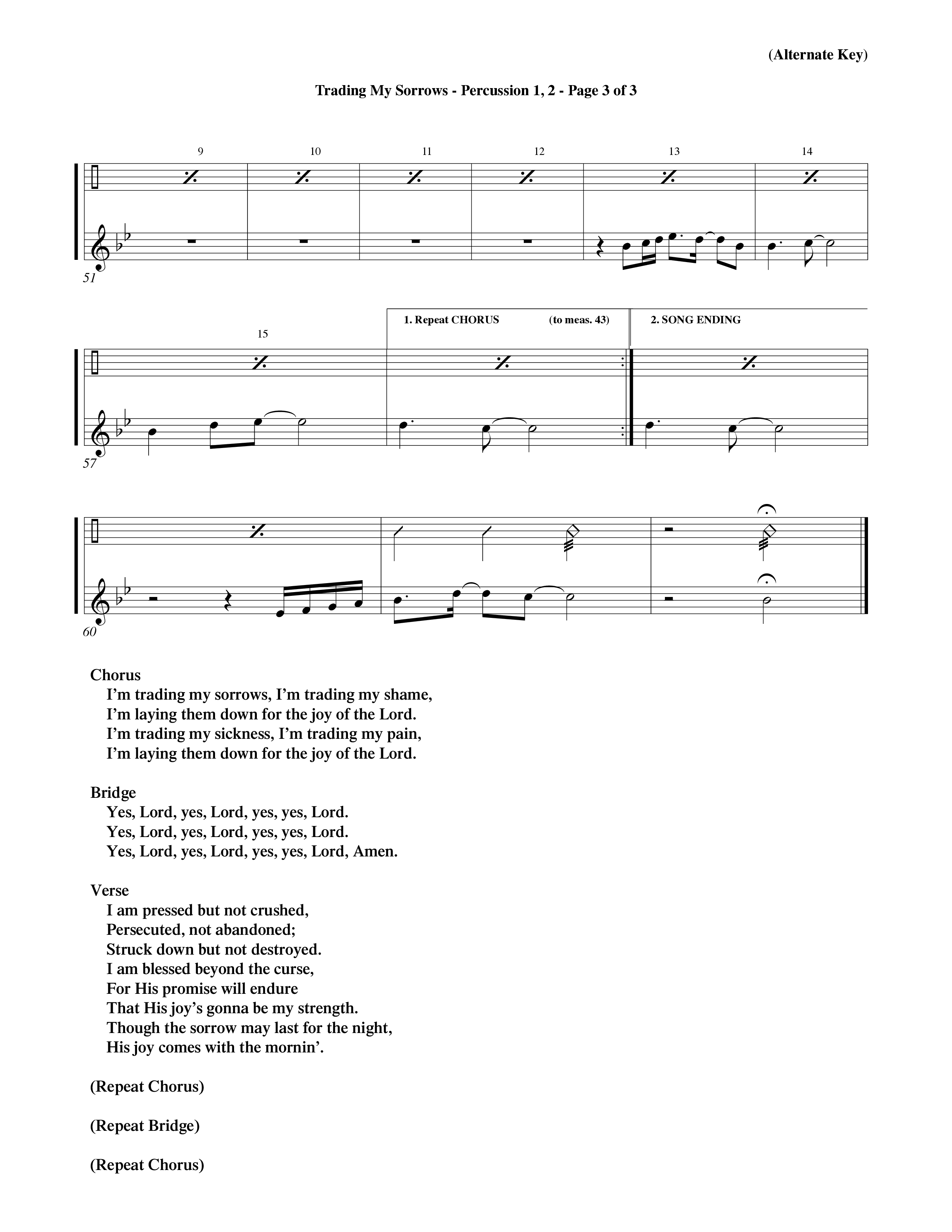 Trading My Sorrows (Choral Anthem SATB) Percussion 1/2 (Word Music Choral / Orch. Tim Cates / Orch. Keith Christopher)