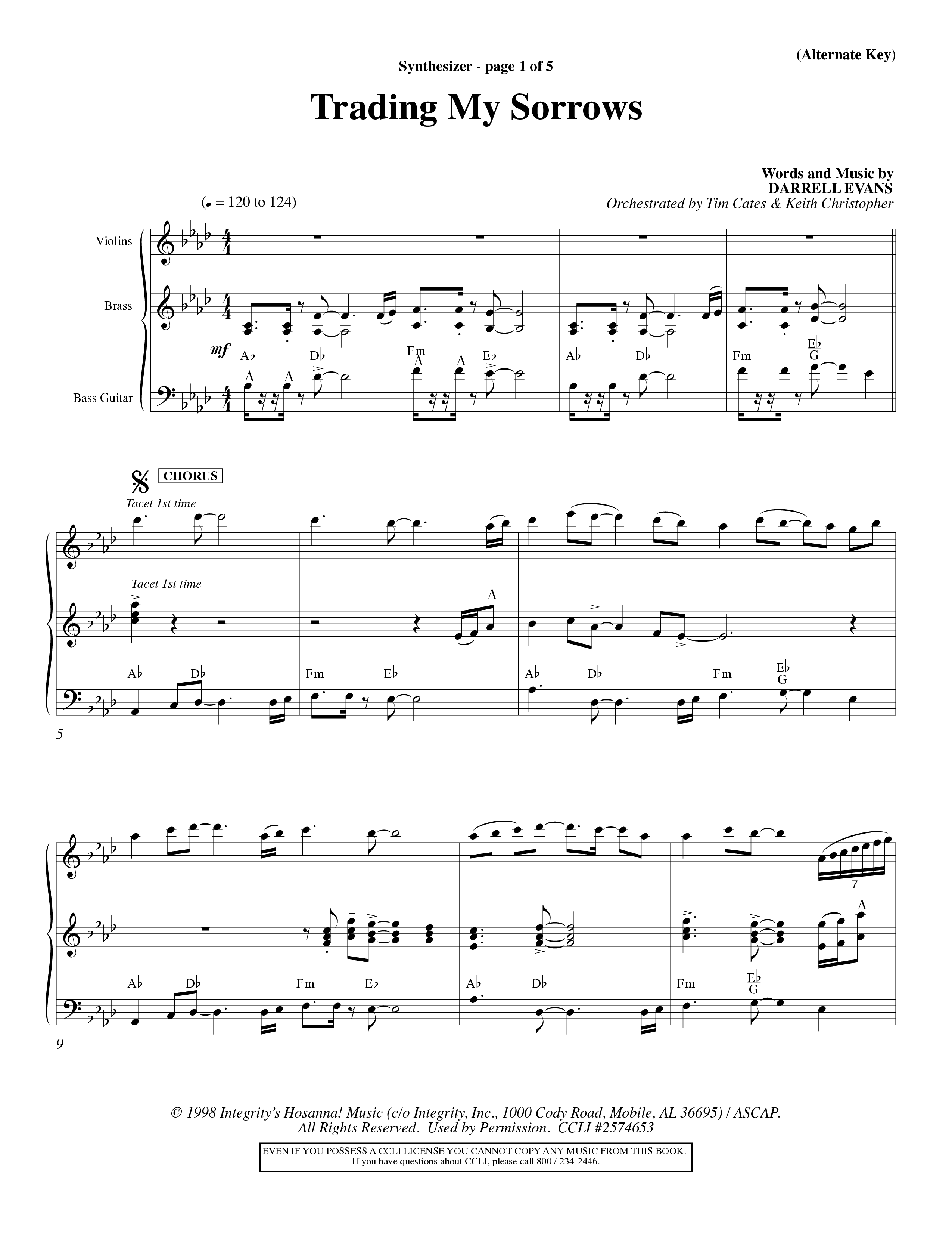 Trading My Sorrows (Choral Anthem SATB) Synth (Word Music Choral / Orch. Tim Cates / Orch. Keith Christopher)