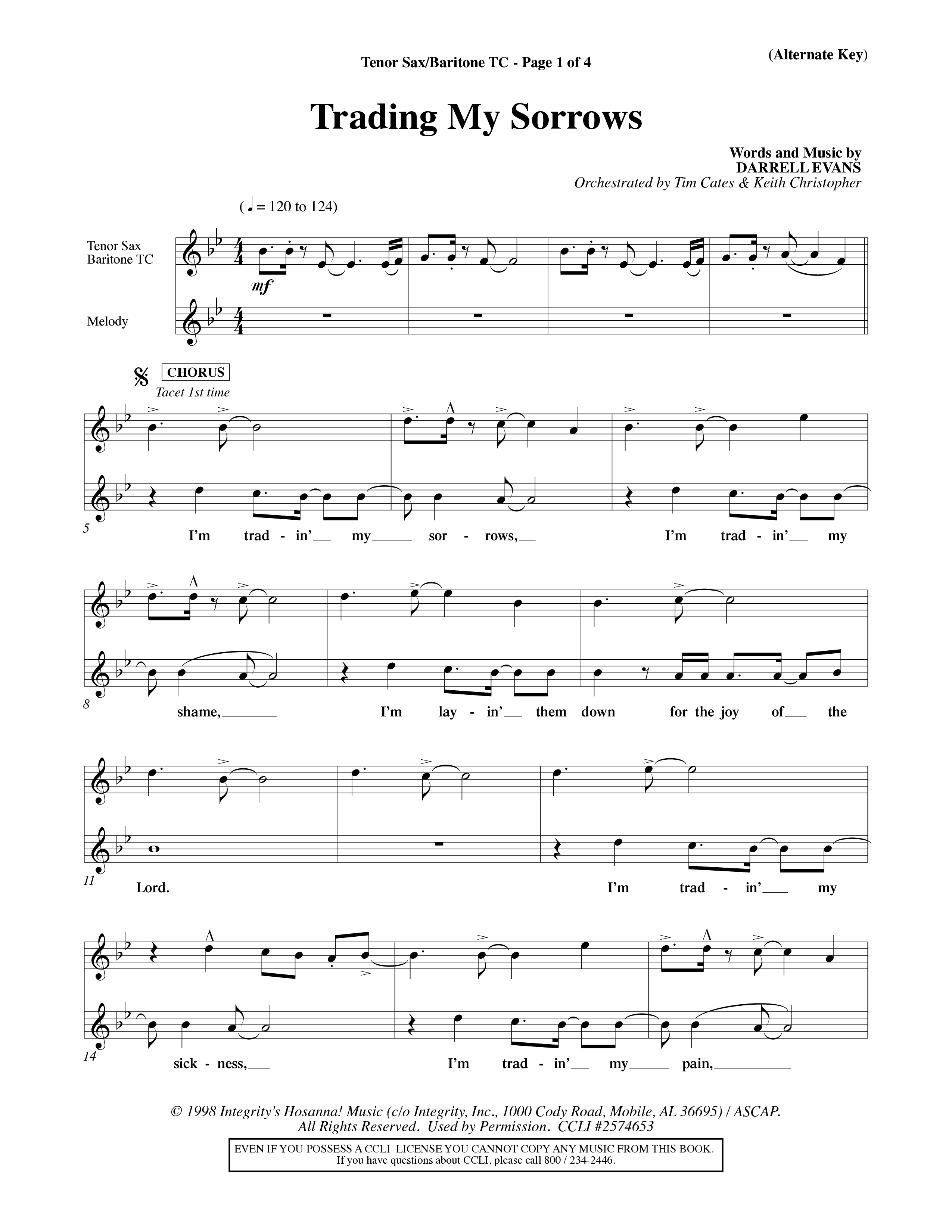 Trading My Sorrows (Choral Anthem SATB) Tenor Sax/Baritone T.C. (Word Music Choral / Orch. Tim Cates / Orch. Keith Christopher)