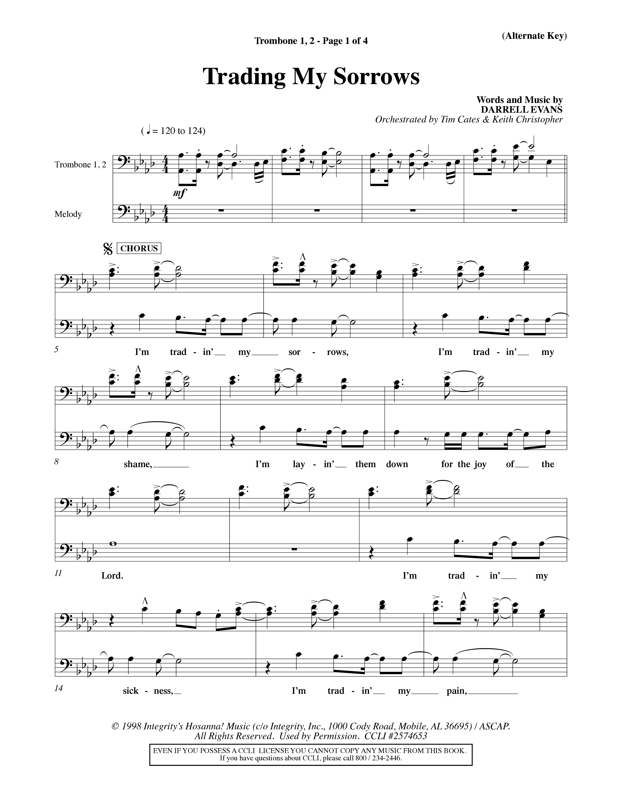 Trading My Sorrows (Choral Anthem SATB) Trombone 1/2 (Word Music Choral / Orch. Tim Cates / Orch. Keith Christopher)