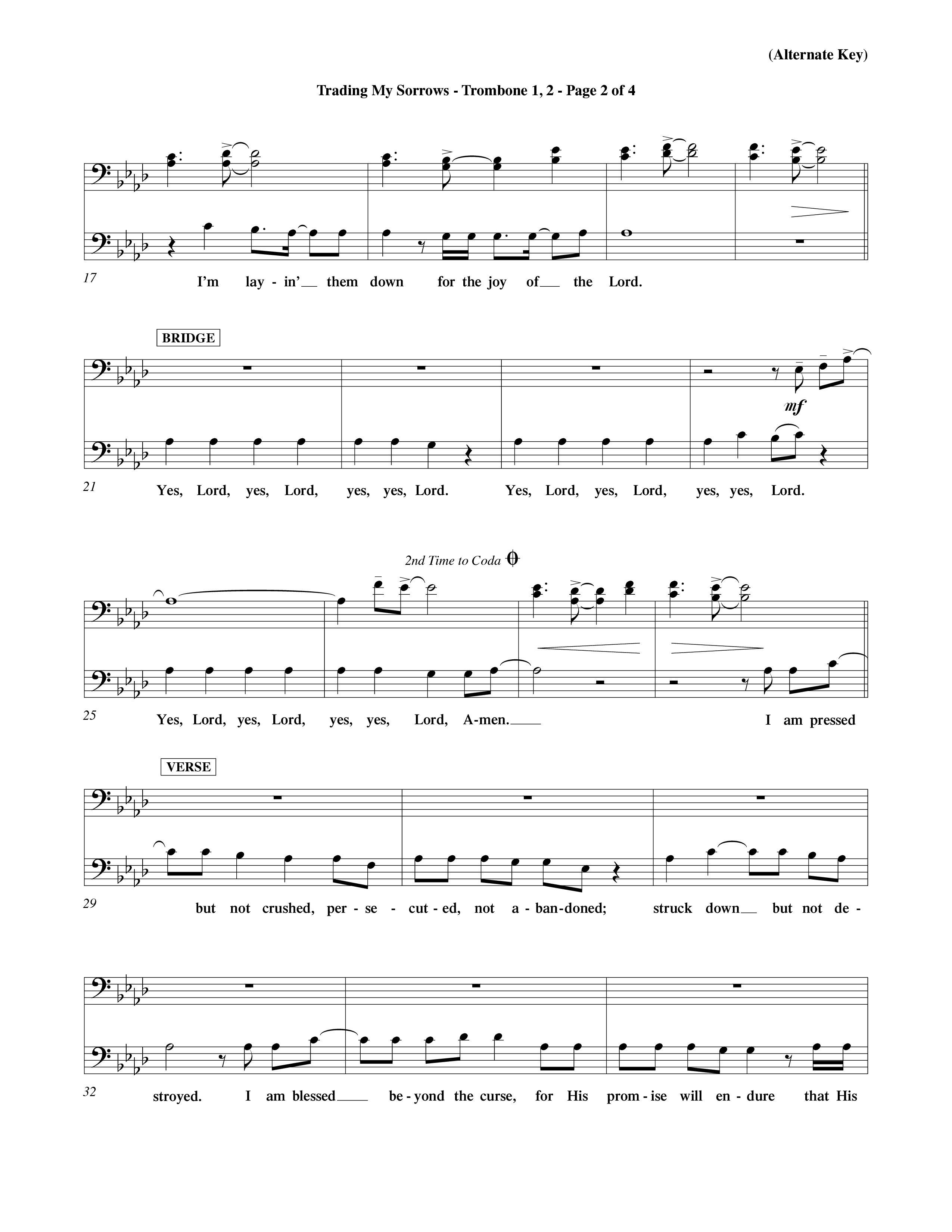 Trading My Sorrows (Choral Anthem SATB) Trombone 1/2 (Word Music Choral / Orch. Tim Cates / Orch. Keith Christopher)