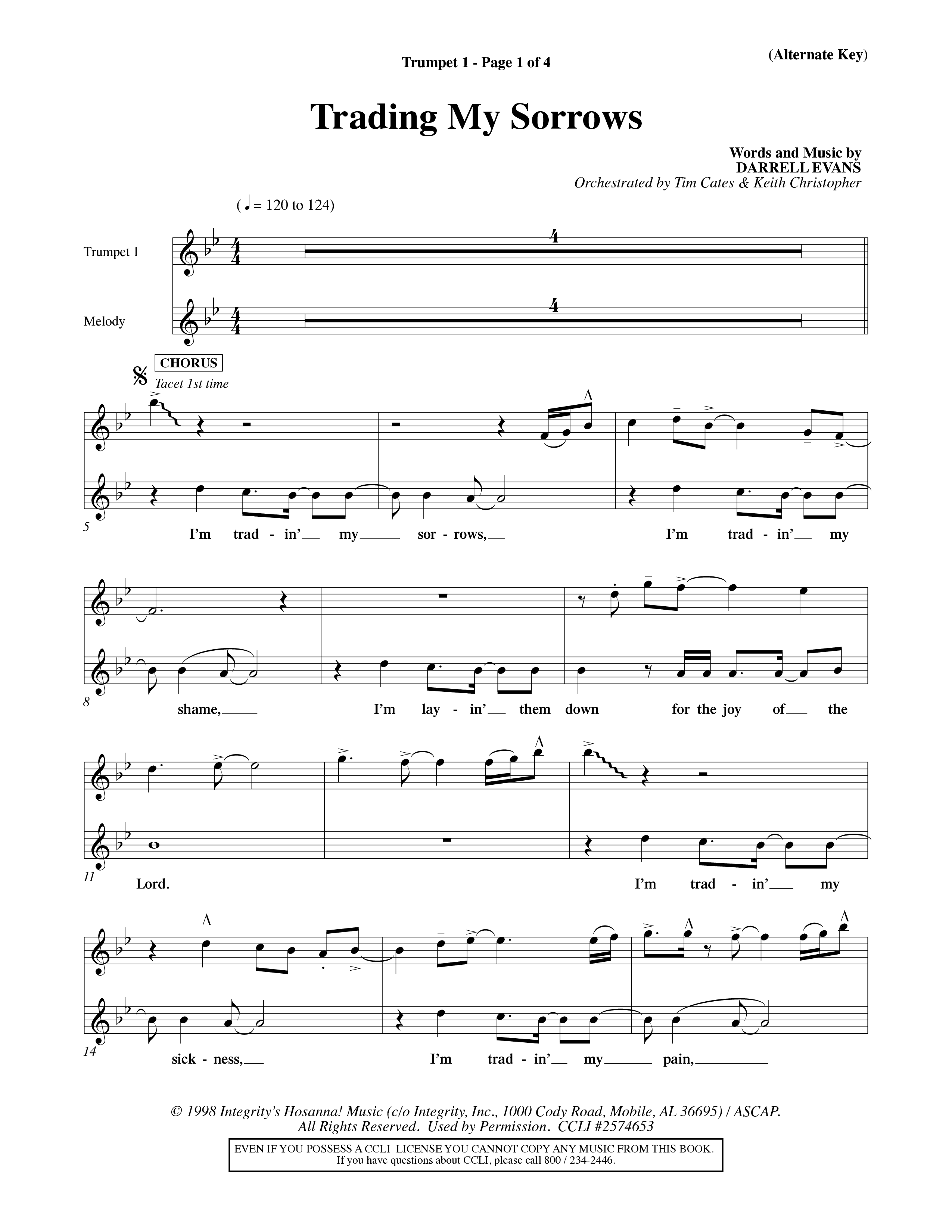 Trading My Sorrows (Choral Anthem SATB) Trumpet 1 (Word Music Choral / Orch. Tim Cates / Orch. Keith Christopher)