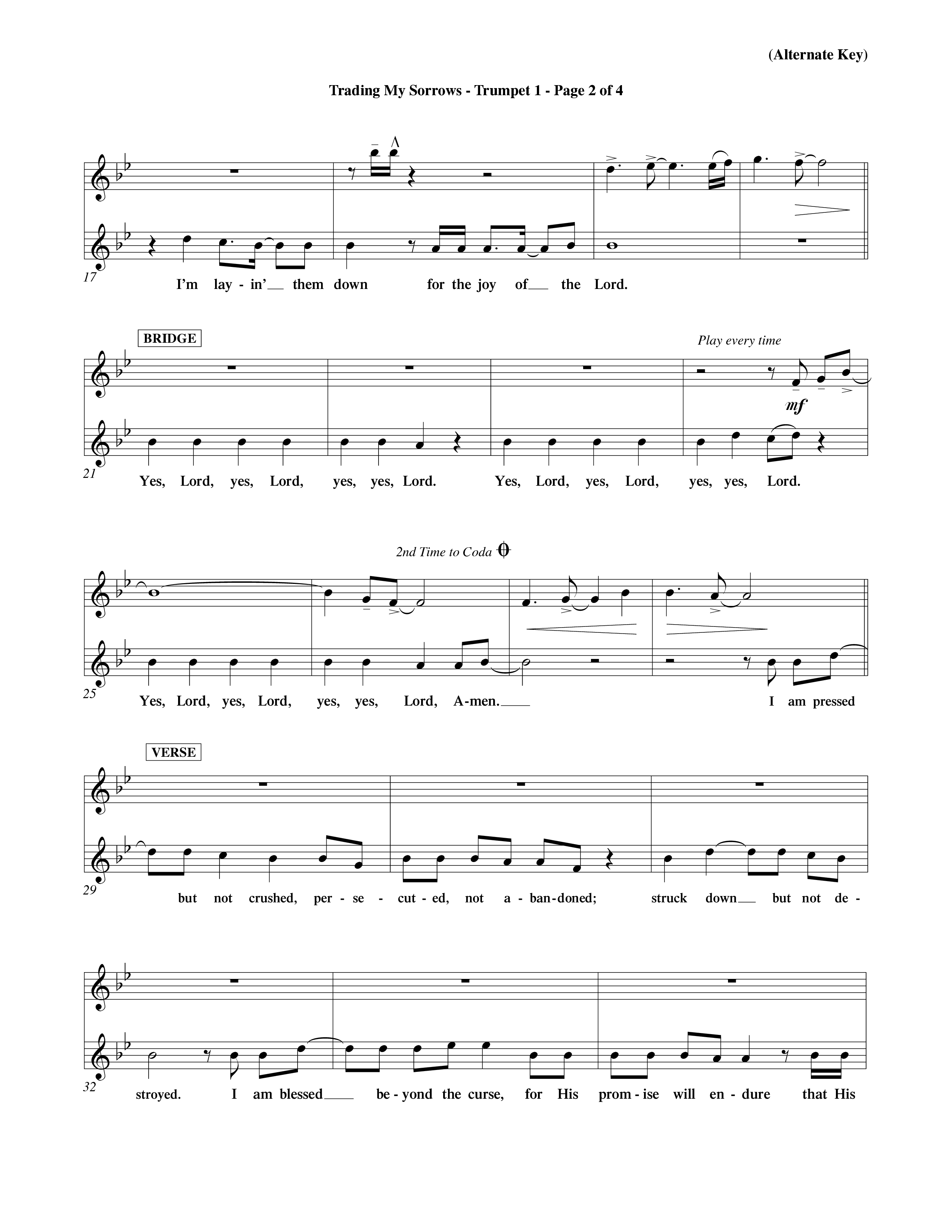 Trading My Sorrows (Choral Anthem SATB) Trumpet 1 (Word Music Choral / Orch. Tim Cates / Orch. Keith Christopher)