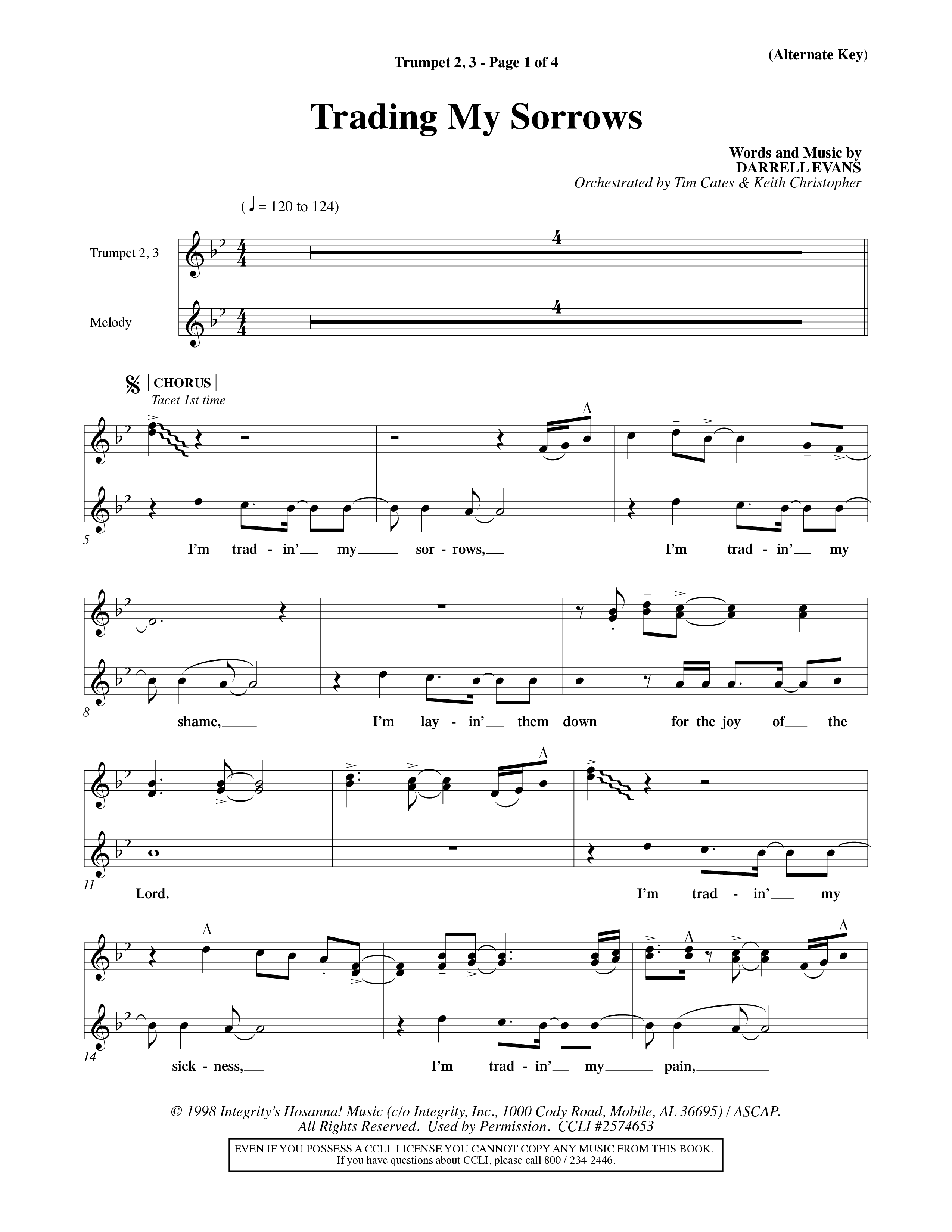 Trading My Sorrows (Choral Anthem SATB) Trumpet 2/3 (Word Music Choral / Orch. Tim Cates / Orch. Keith Christopher)
