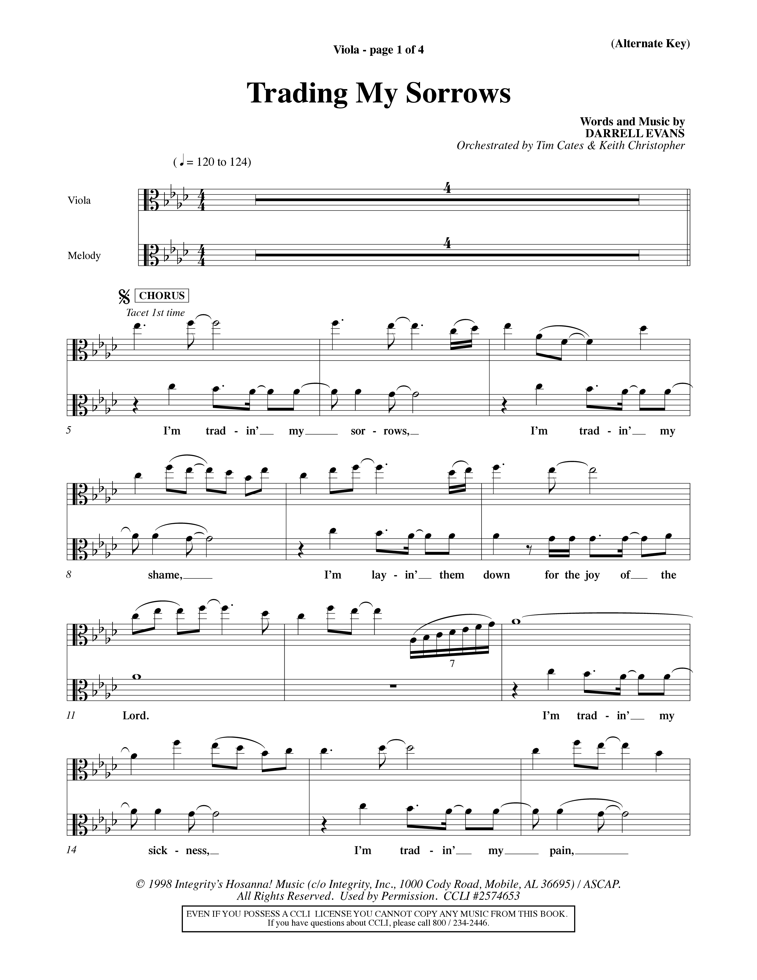 Trading My Sorrows (Choral Anthem SATB) Viola (Word Music Choral / Orch. Tim Cates / Orch. Keith Christopher)