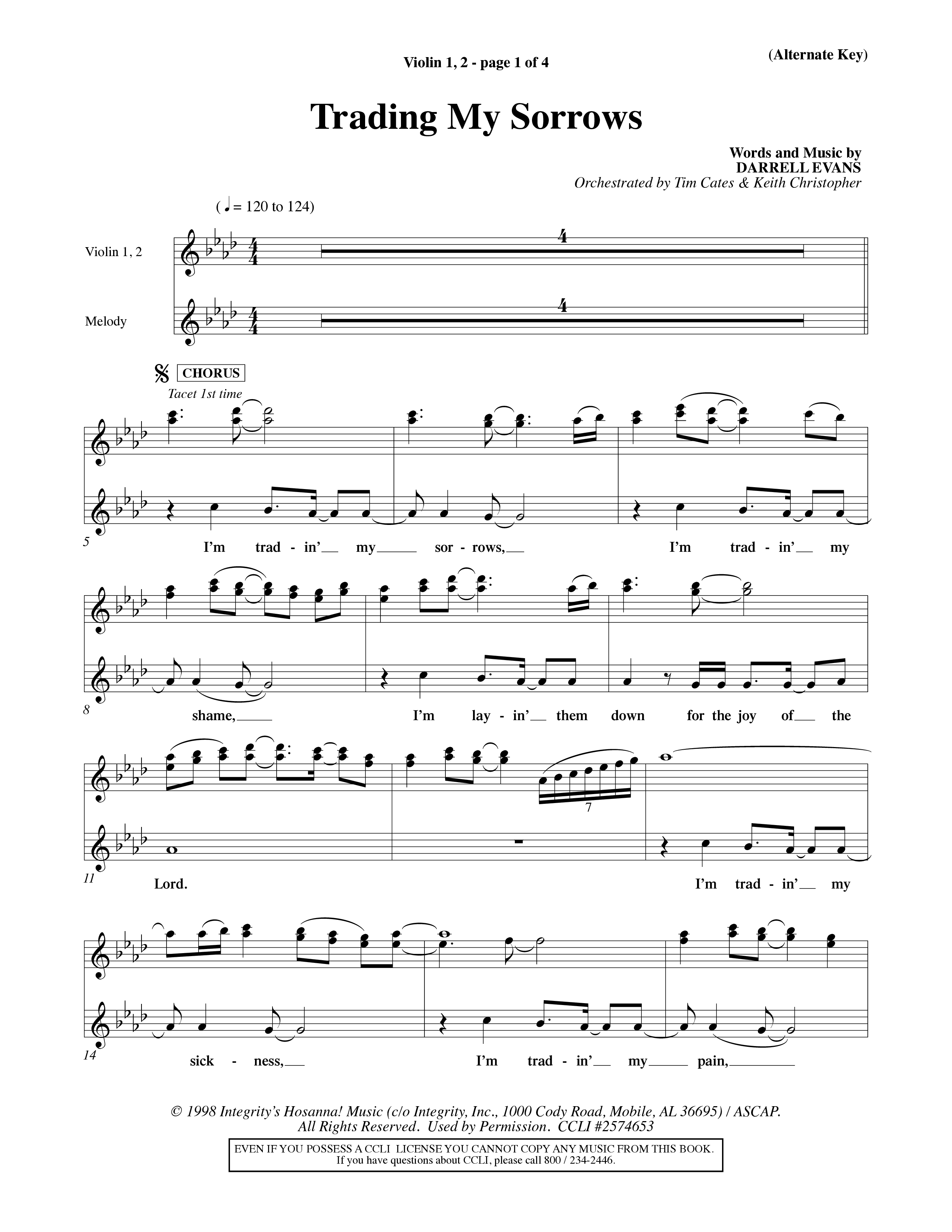 Trading My Sorrows (Choral Anthem SATB) Violin 1/2 (Word Music Choral / Orch. Tim Cates / Orch. Keith Christopher)