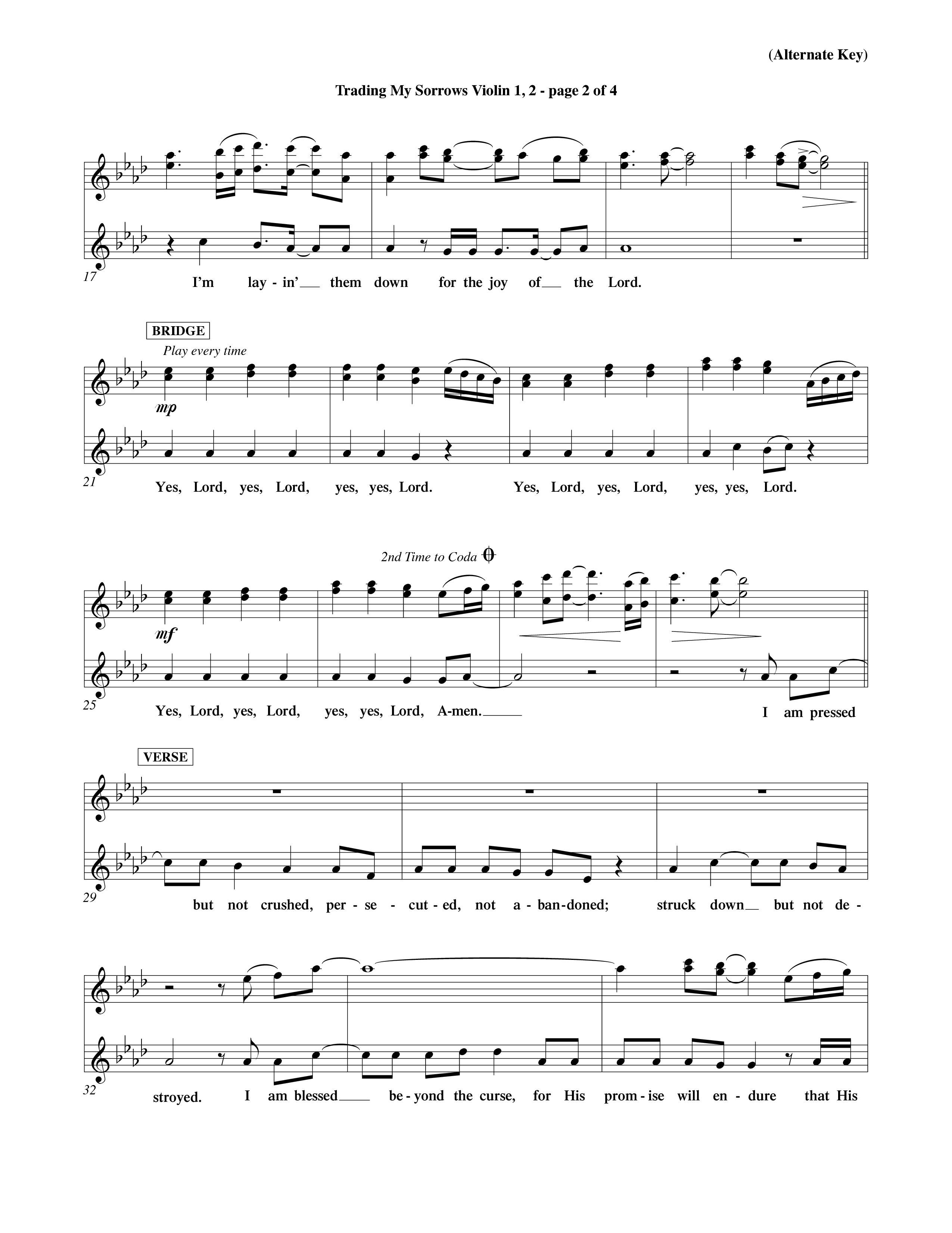 Trading My Sorrows (Choral Anthem SATB) Violin 1/2 (Word Music Choral / Orch. Tim Cates / Orch. Keith Christopher)