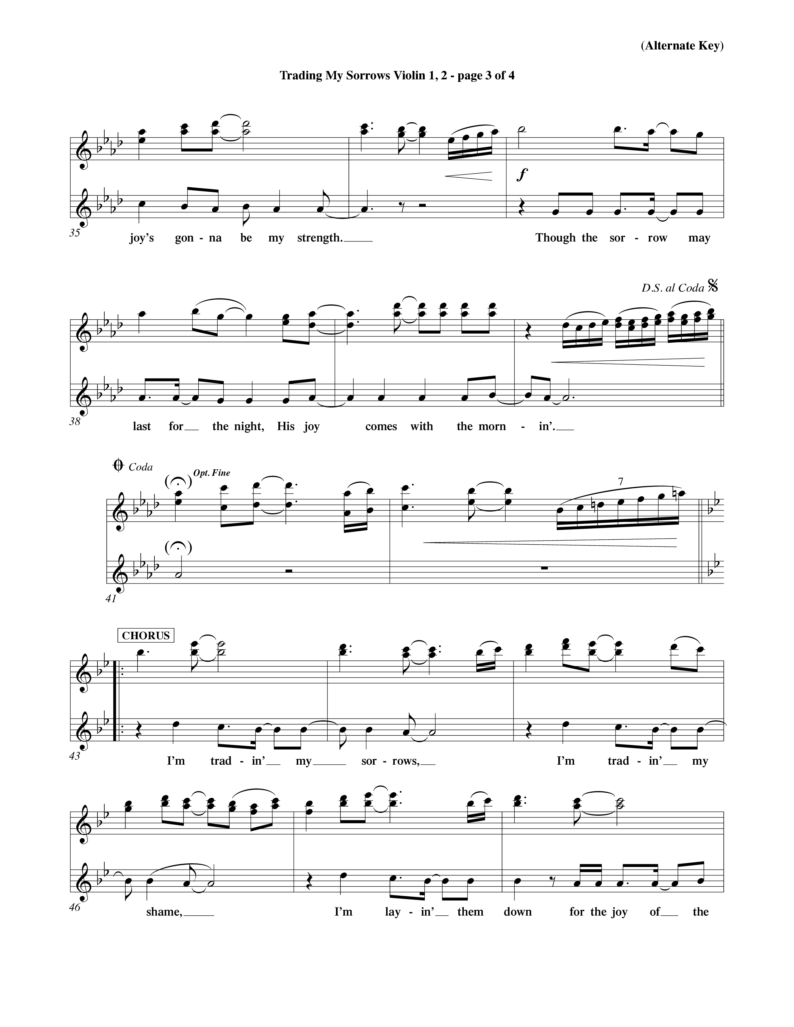 Trading My Sorrows (Choral Anthem SATB) Violin 1/2 (Word Music Choral / Orch. Tim Cates / Orch. Keith Christopher)