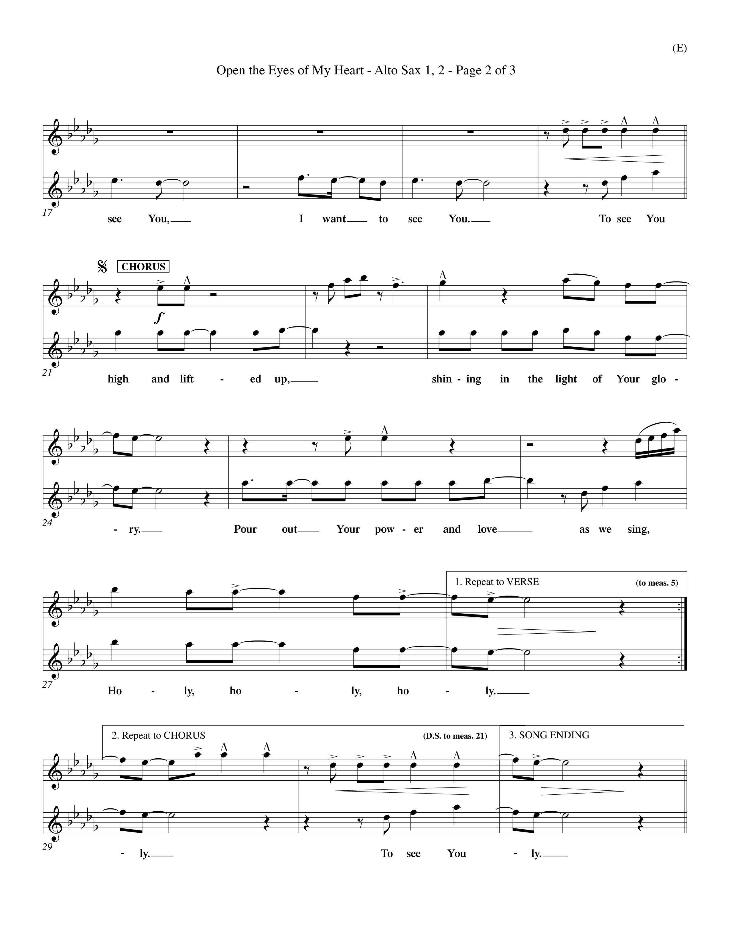 Open The Eyes Of My Heart (Choral Anthem SATB) Alto Sax 1/2 (Word Music Choral / Orch. Billy Payne)
