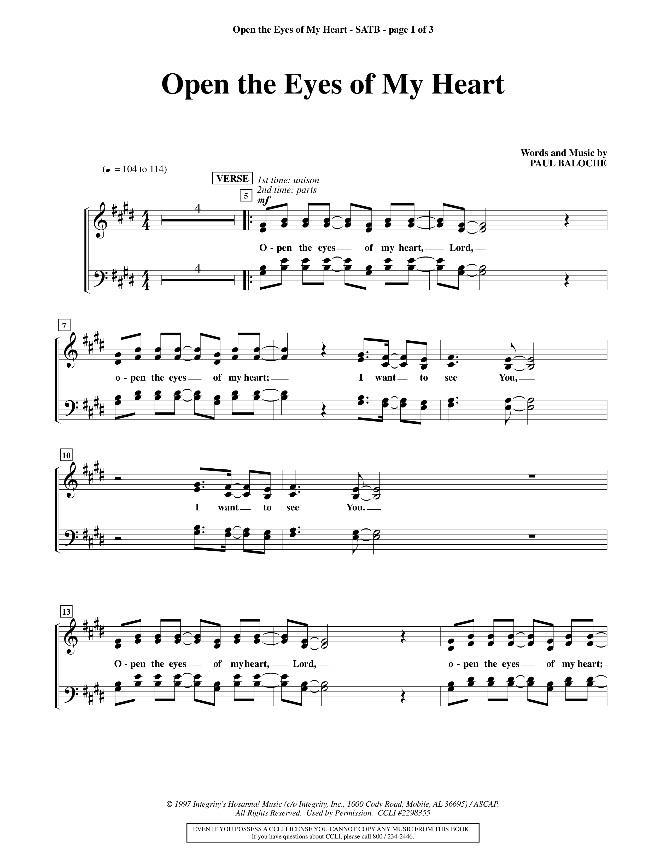 Open The Eyes Of My Heart (Choral Anthem SATB) Choir Sheet (SATB) (Word Music Choral / Orch. Billy Payne)